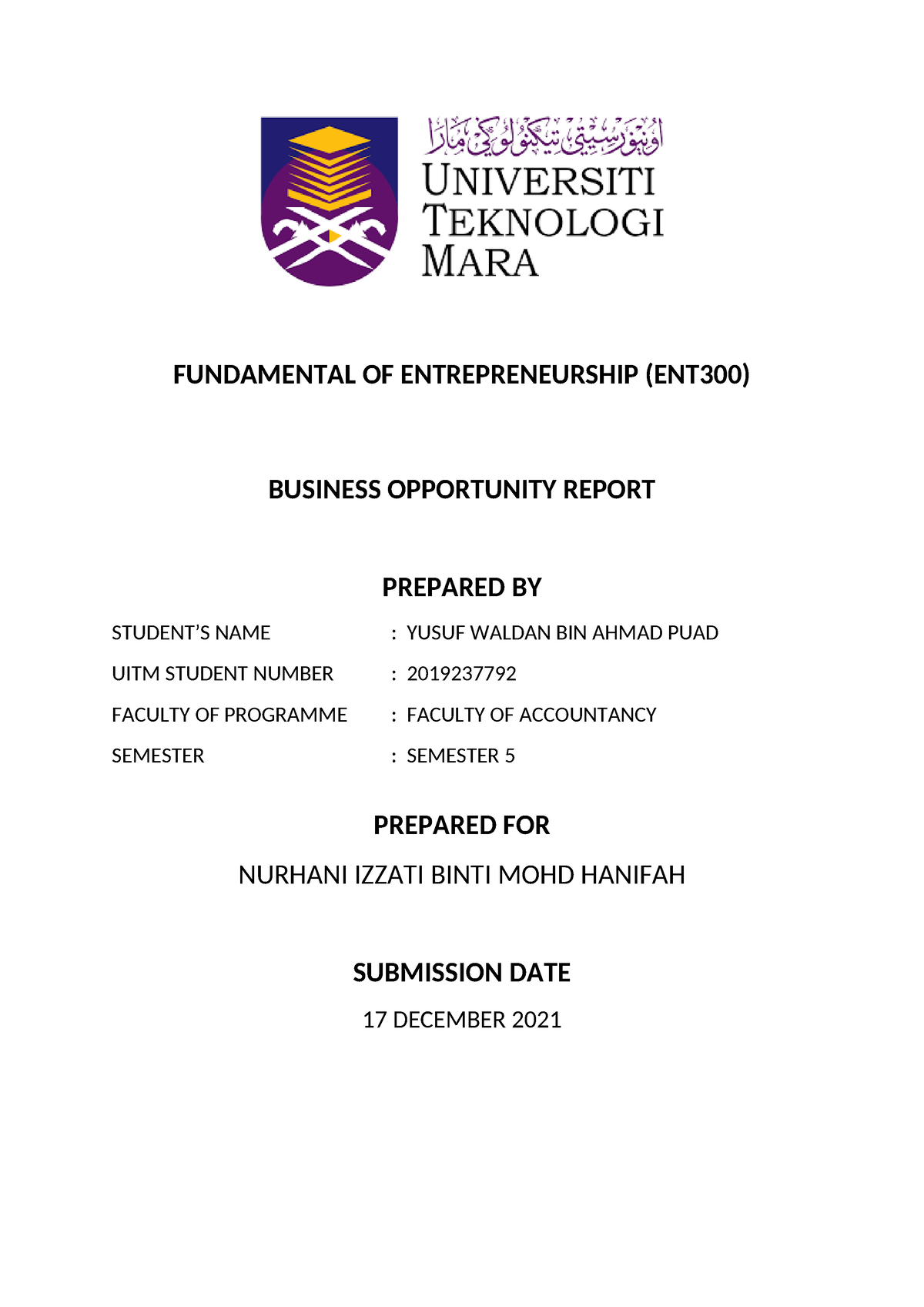 ENT300 Business Opportunity Report Ucop - FUNDAMENTAL OF ...