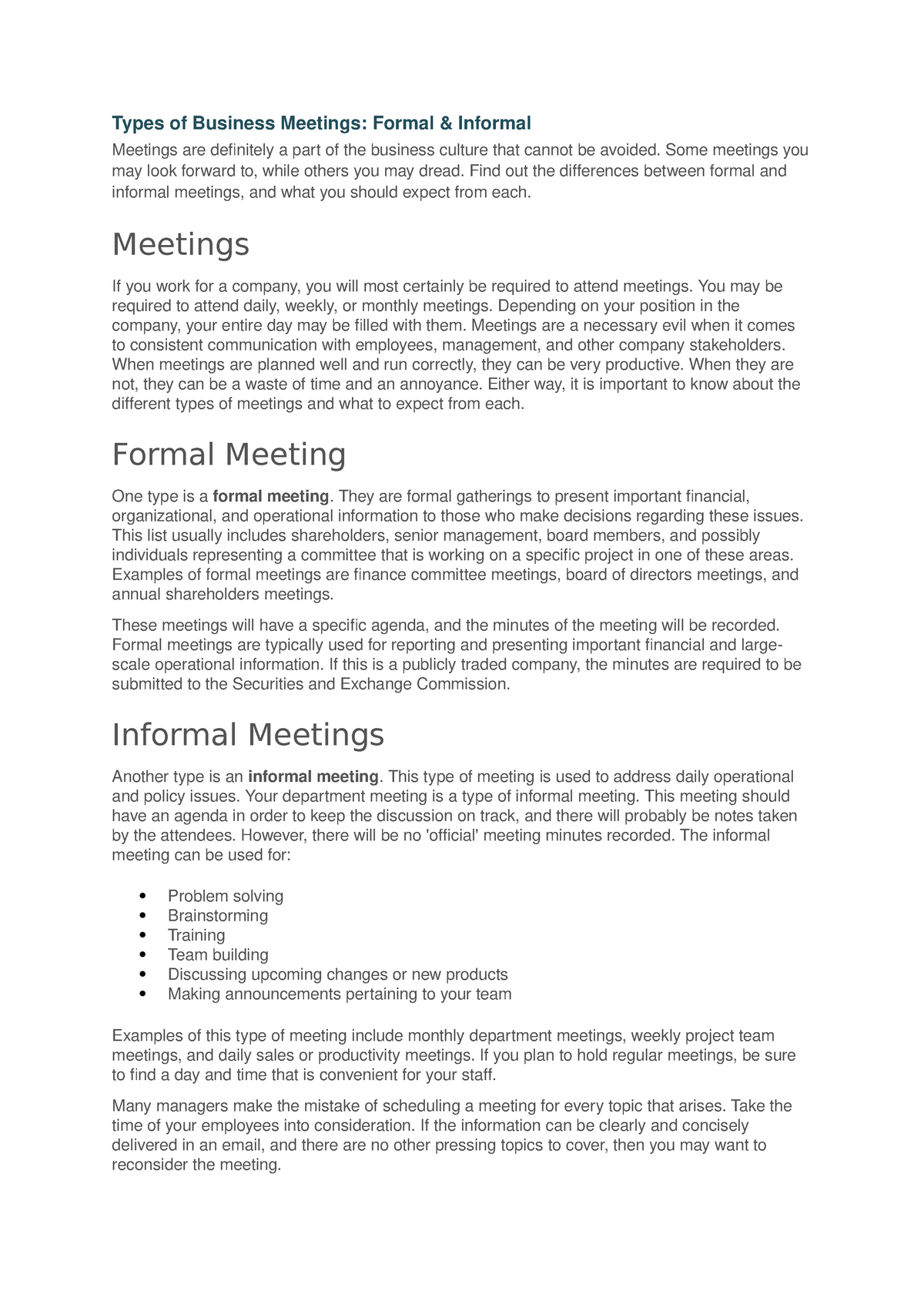 Types Of Business Meetings Formal And Informal Types Of Business 