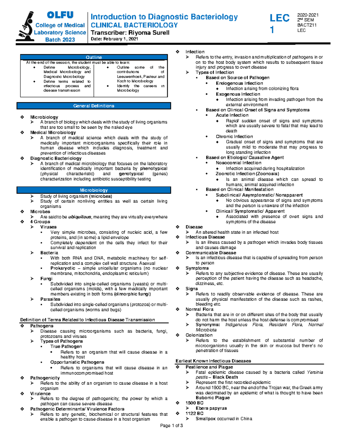 BACT LEC 1 Trans - Lecture notes 1 - Introduction to Diagnostic ...