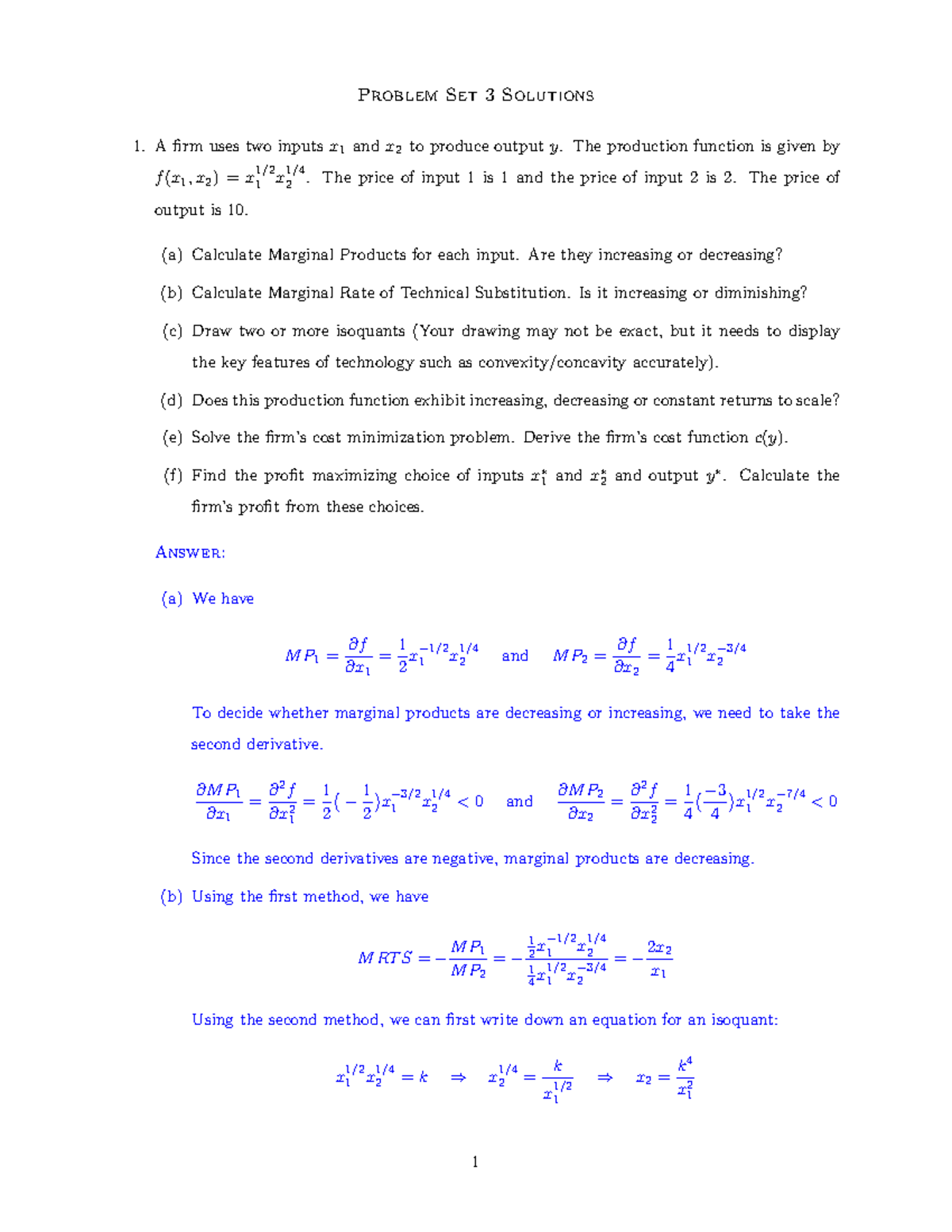 Problem Set 3 Solutions - Problem Set 3 Solutions A Firm Uses Two ...