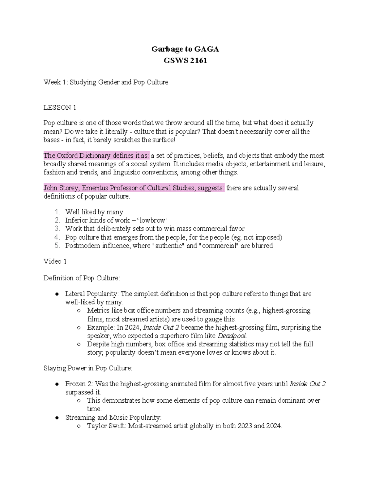 Garbage to GAGA-2 - Course notes - Garbage to GAGA GSWS 2161 Week 1 ...