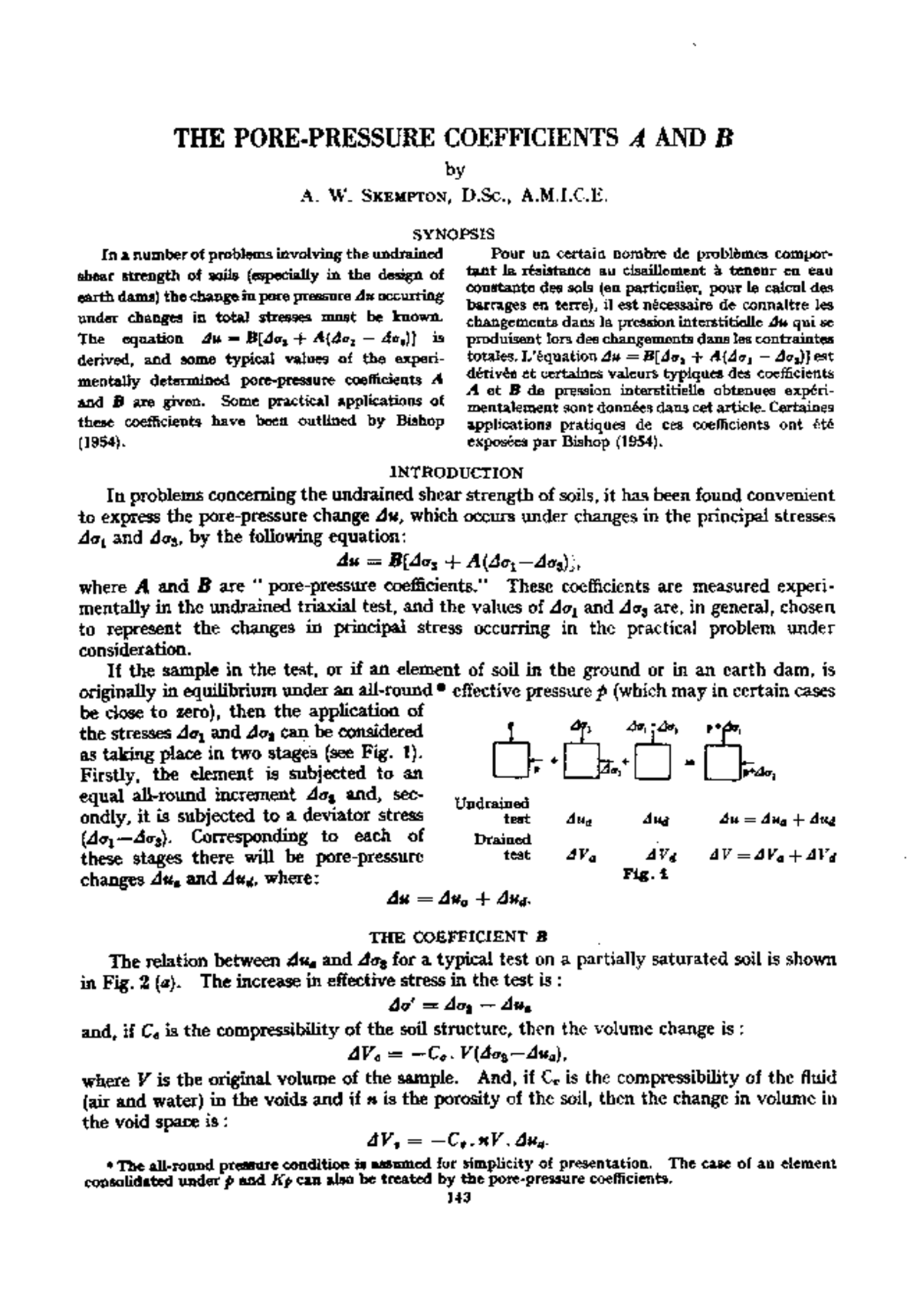 Skempton - Pore Pressures A And B 1954 - THE PORE-PRESSURE COEFFICIENTS ...