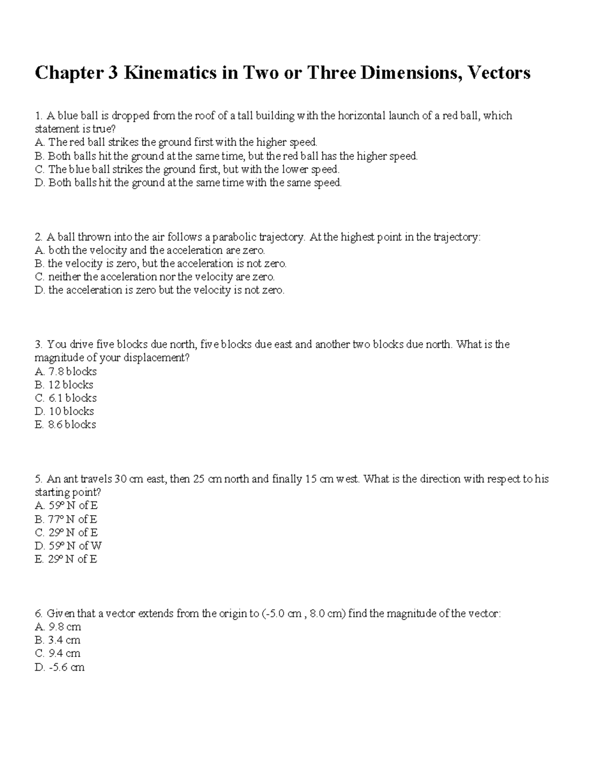 Chapter 3 F2023 - Practice questions for ch 3 - Chapter 3 Kinematics in ...