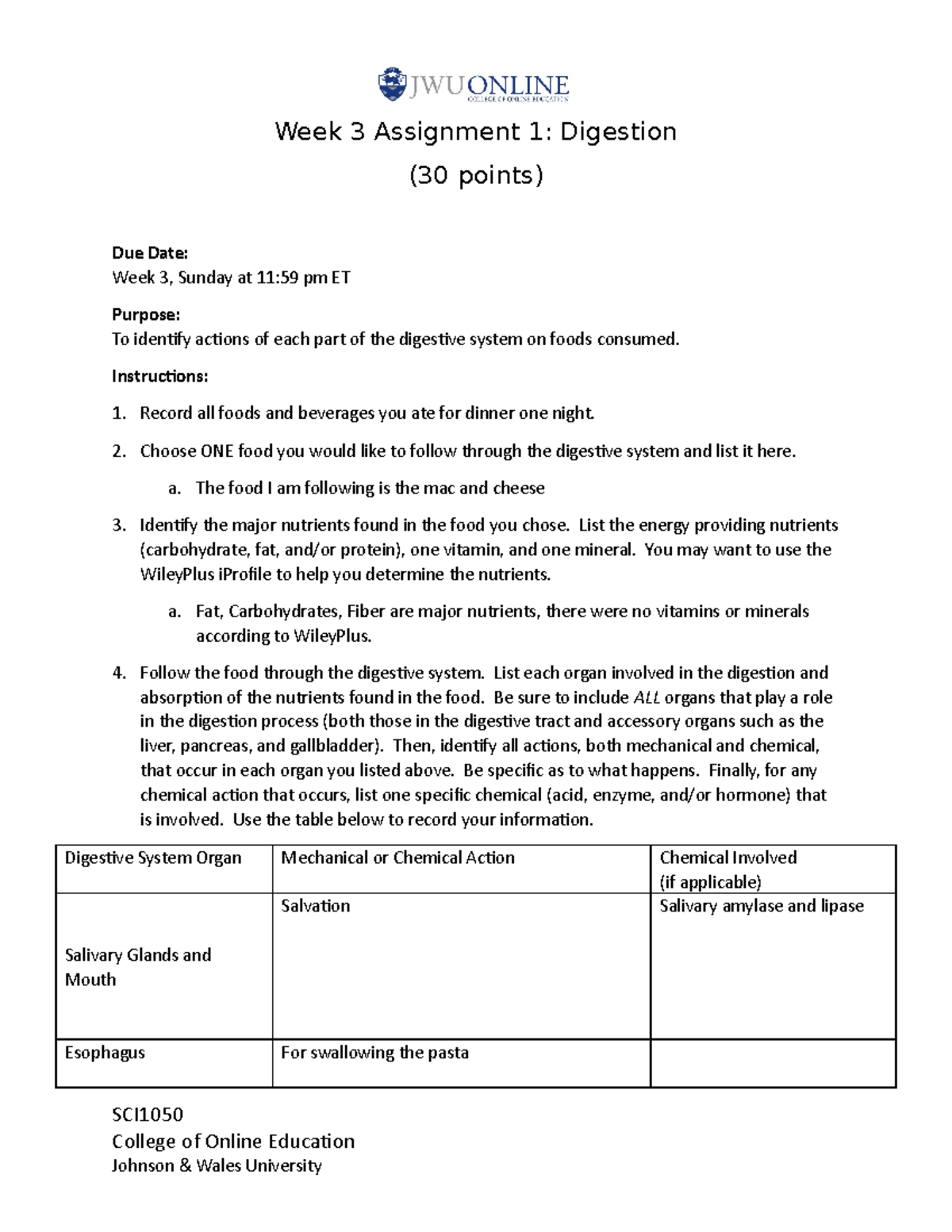 Week 3 Assignment Digestion - Week 3 Assignment 1: Digestion (30 points ...