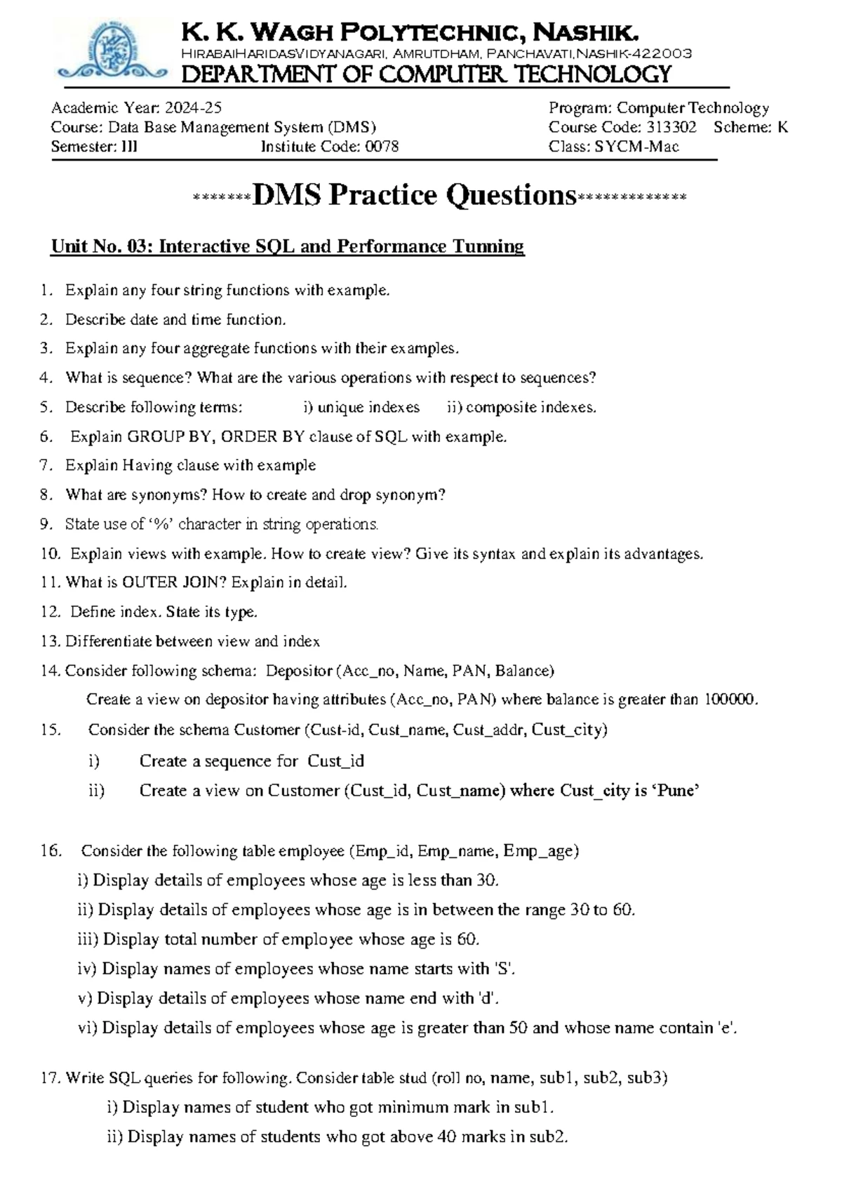DMS Assignment No-chapter 3 - K. K. Wagh Polytechnic, Nashik. Hirabai ...