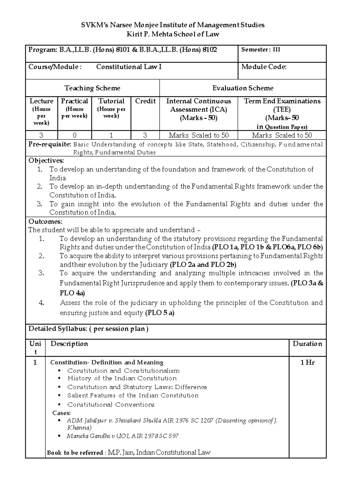 Sem III Constitutional Law I 202425 Kirit P. Mehta School of Law