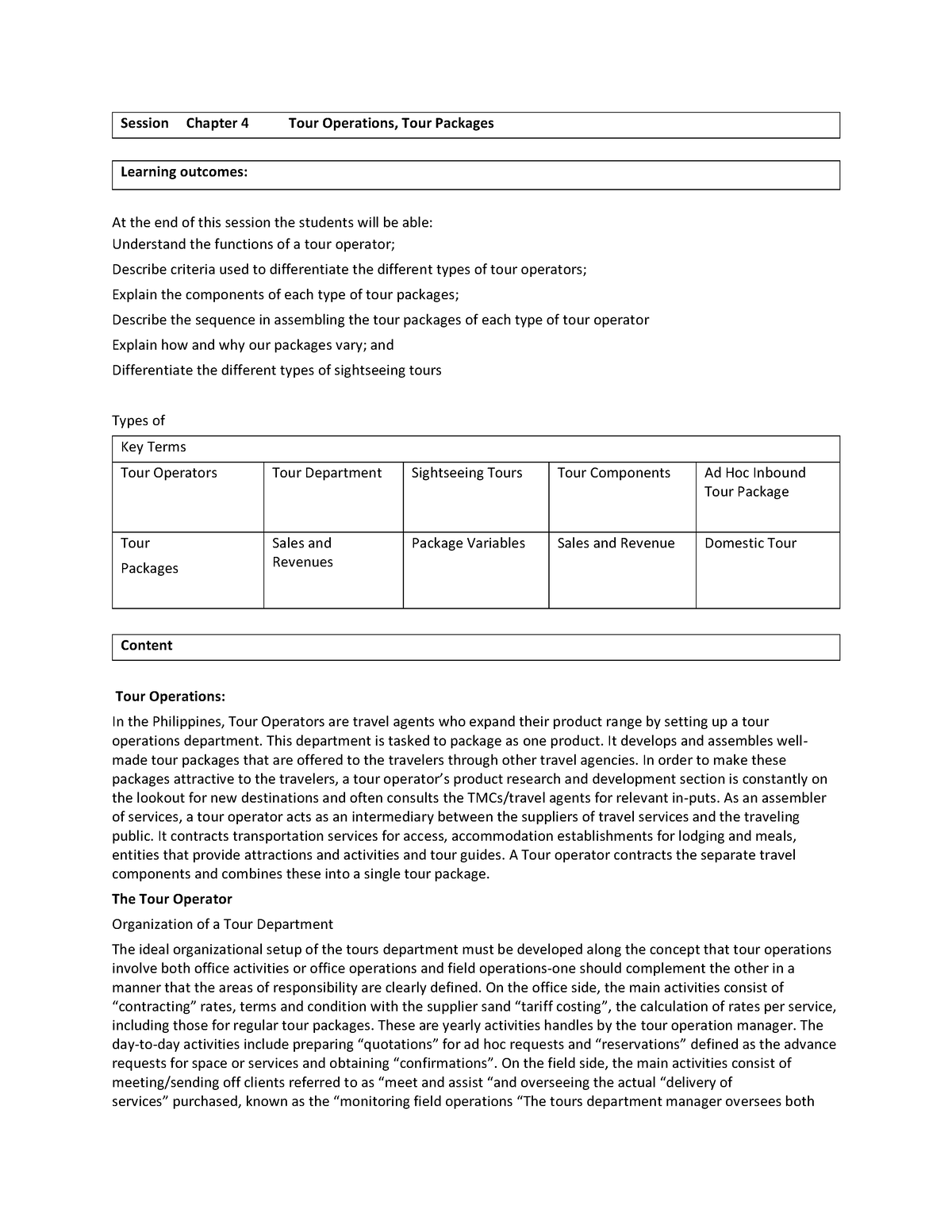 tourism operations level 4 memorandum