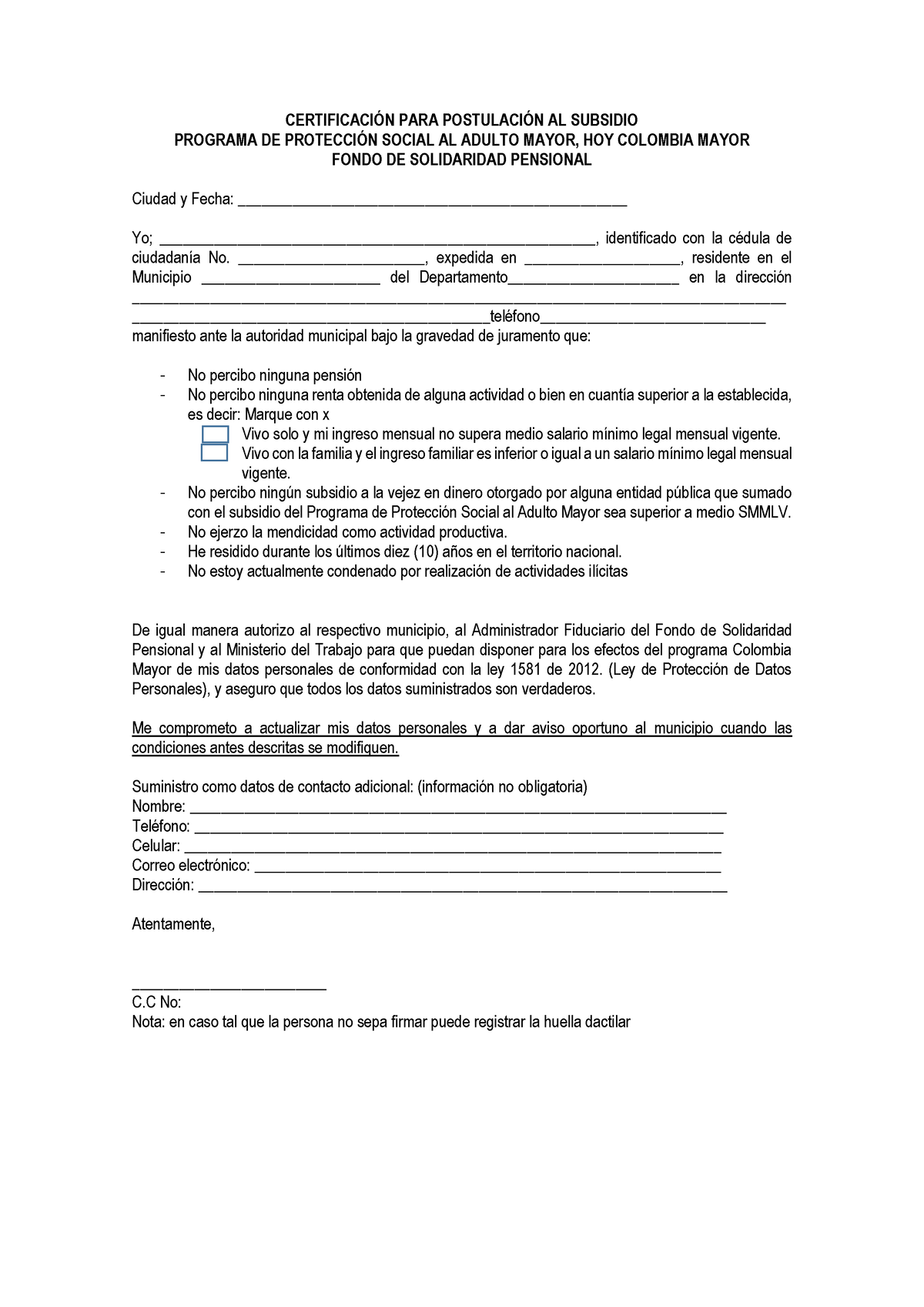 Formato Adulto Mayor - CERTIFICACI”N PARA POSTULACI”N AL SUBSIDIO ...