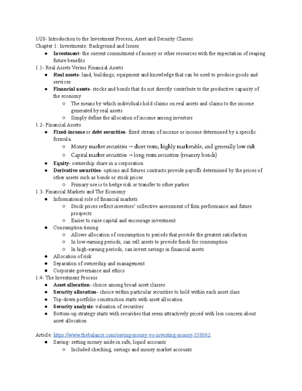 Textbook Notes - 1/20- Introduction to the Investment Process, Asset ...