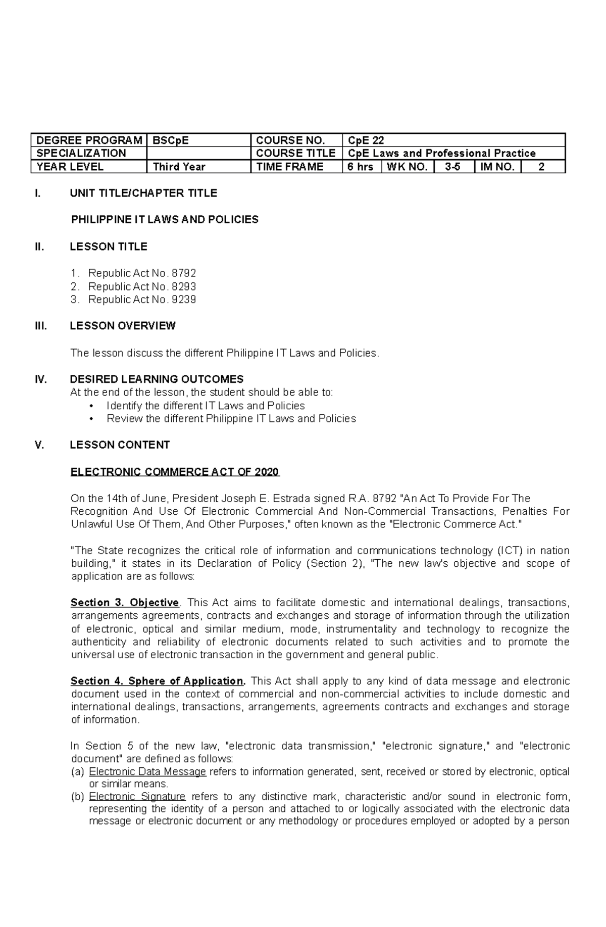 Module 2 Philippine IT Laws and Policies - DEGREE PROGRAM BSCpE COURSE ...