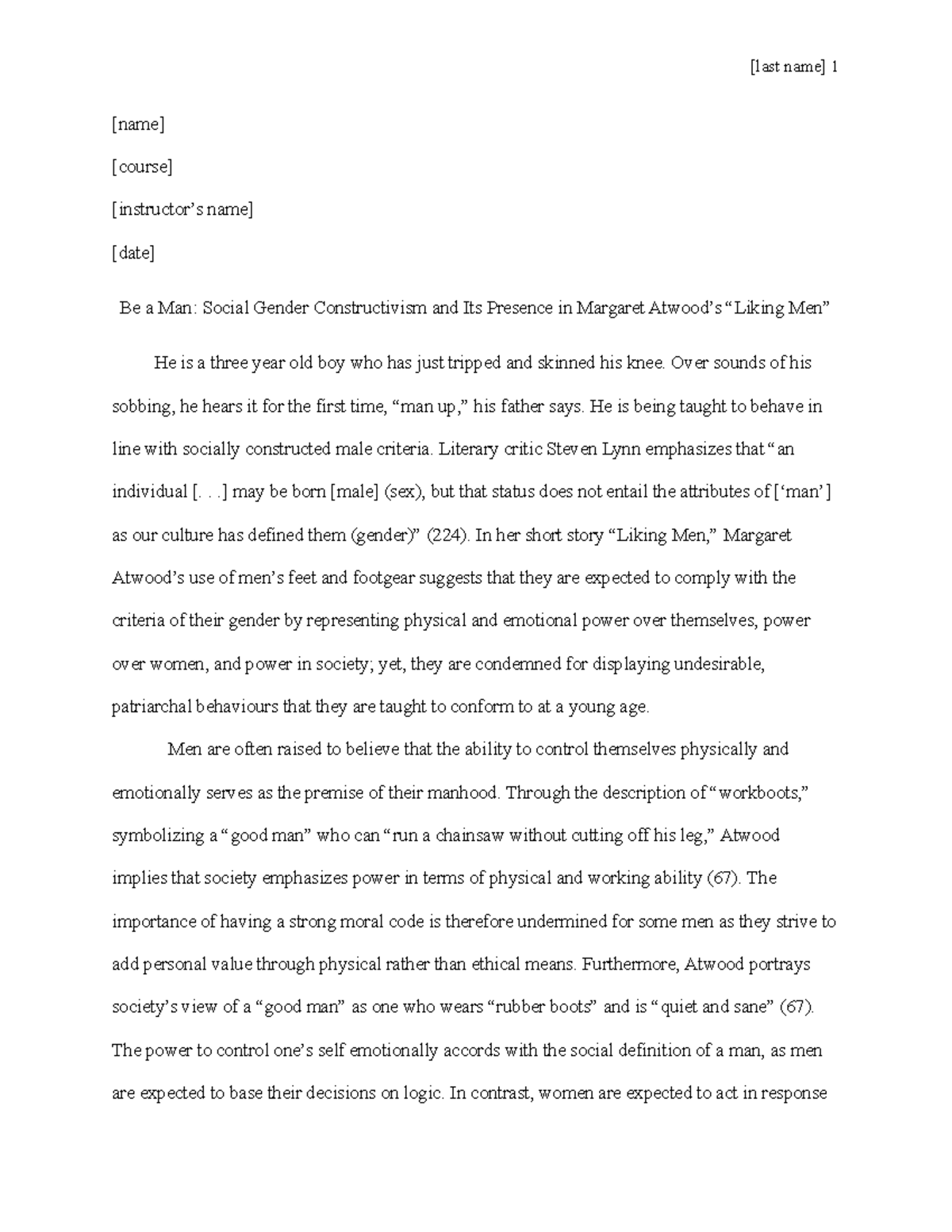 Sample first-year essay - [name] [course] [instructor’s name] [date] Be ...