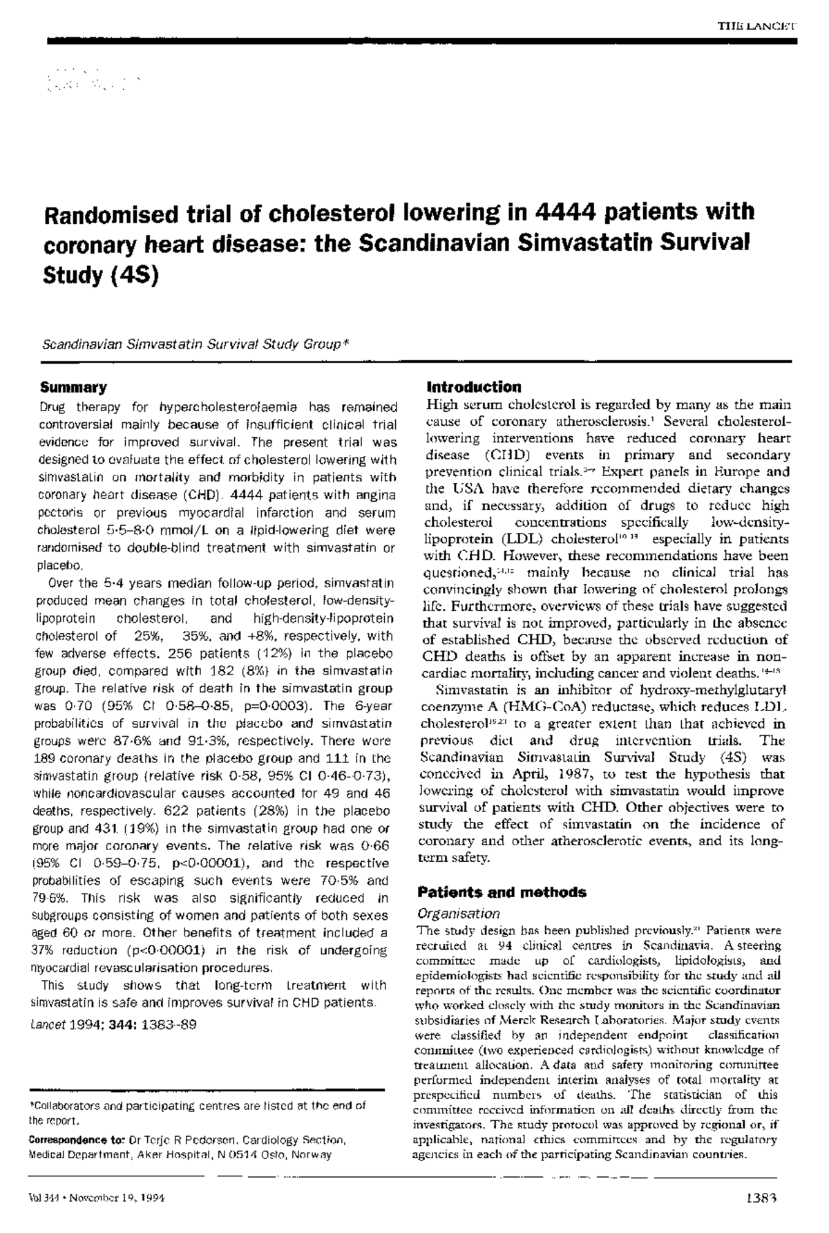 4S Study Reading - Randomised trial of cholesterol lowering in 4444 ...