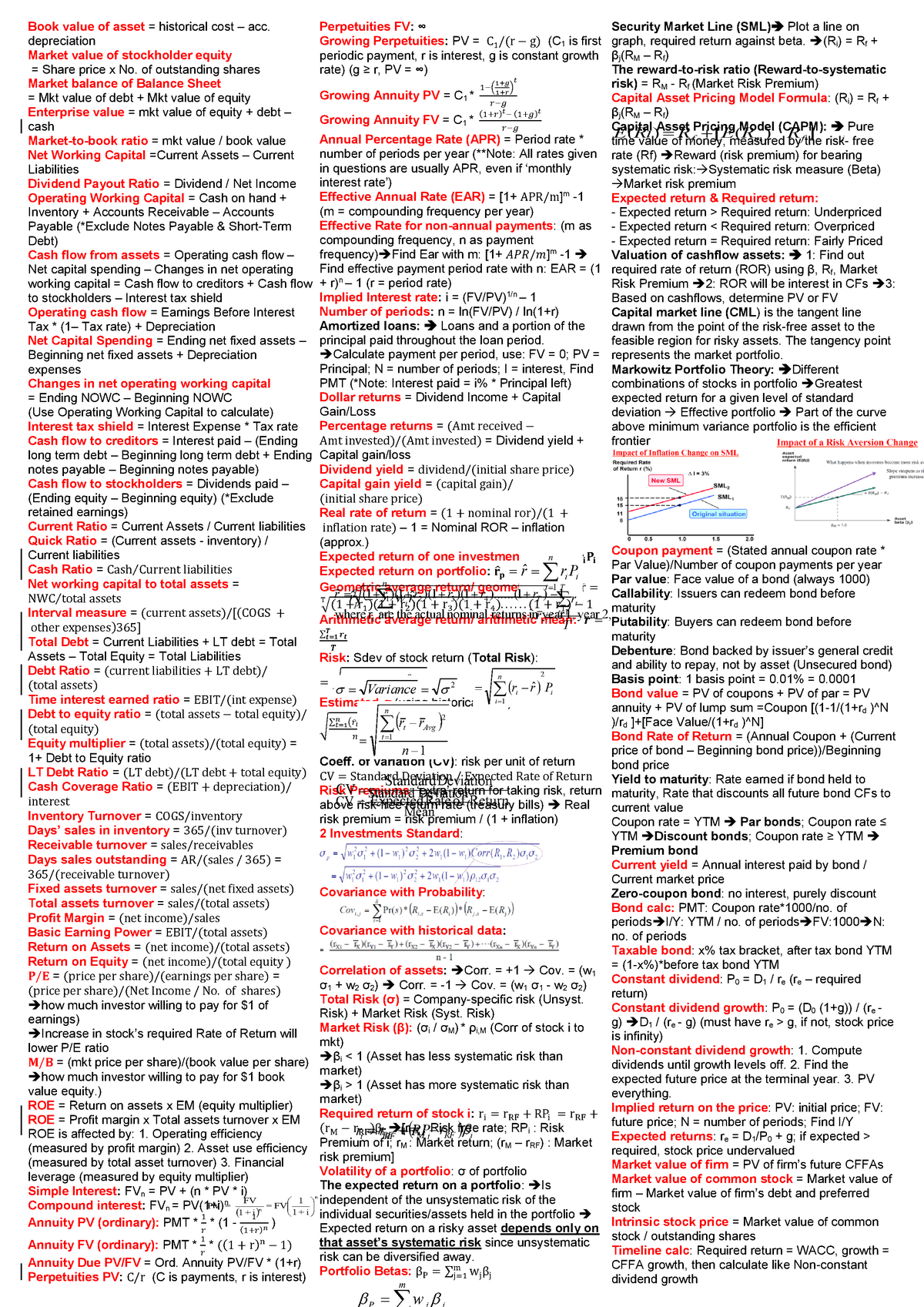 Fin Finals Cheatsheet Version 2 - Book Value Of Asset Historical Cost 