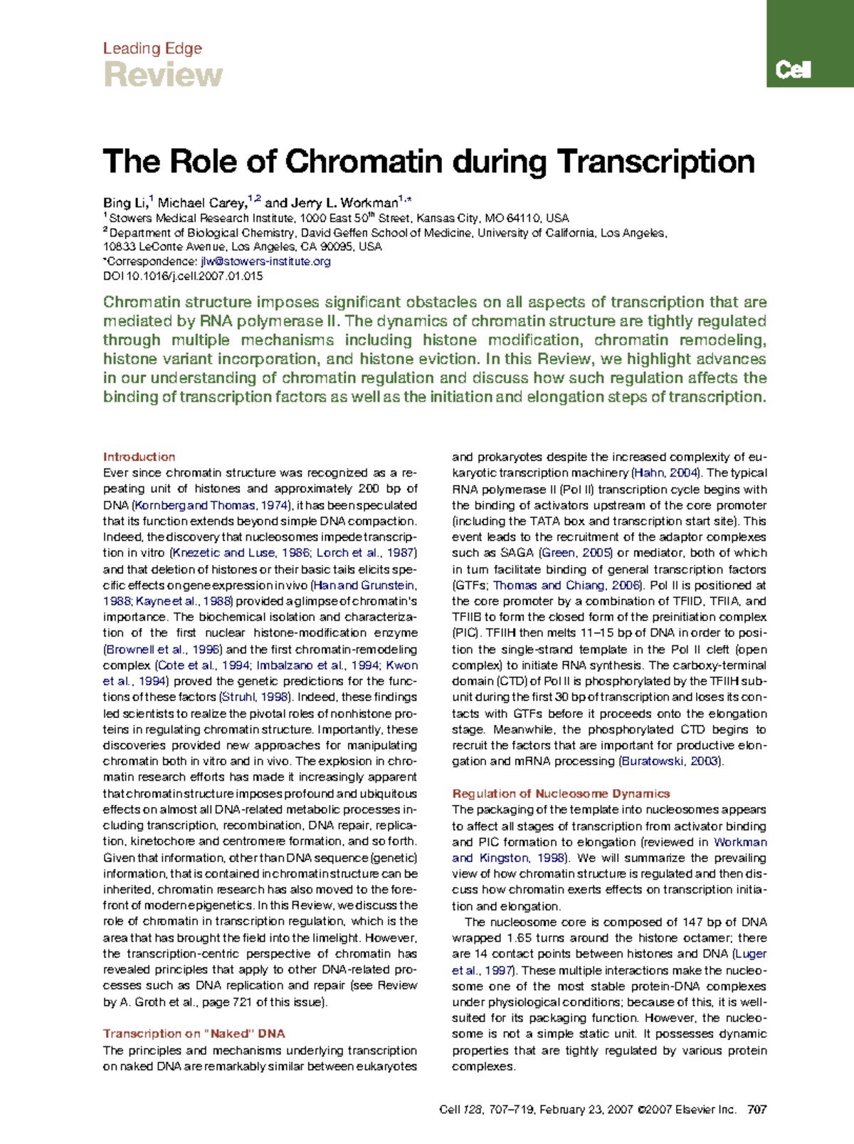 The Role of Chromatin during Transcription - Leading Edge Review The ...