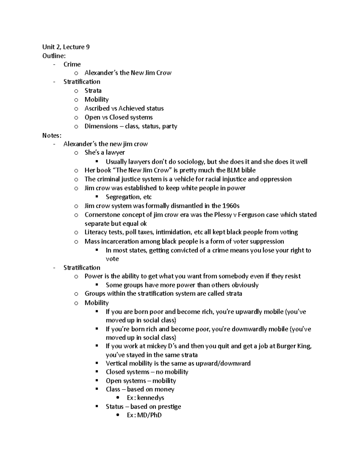 SOC 2 - Leville - Unit 2, Lecture 9 Outline: - Crime o Alexander’s the ...