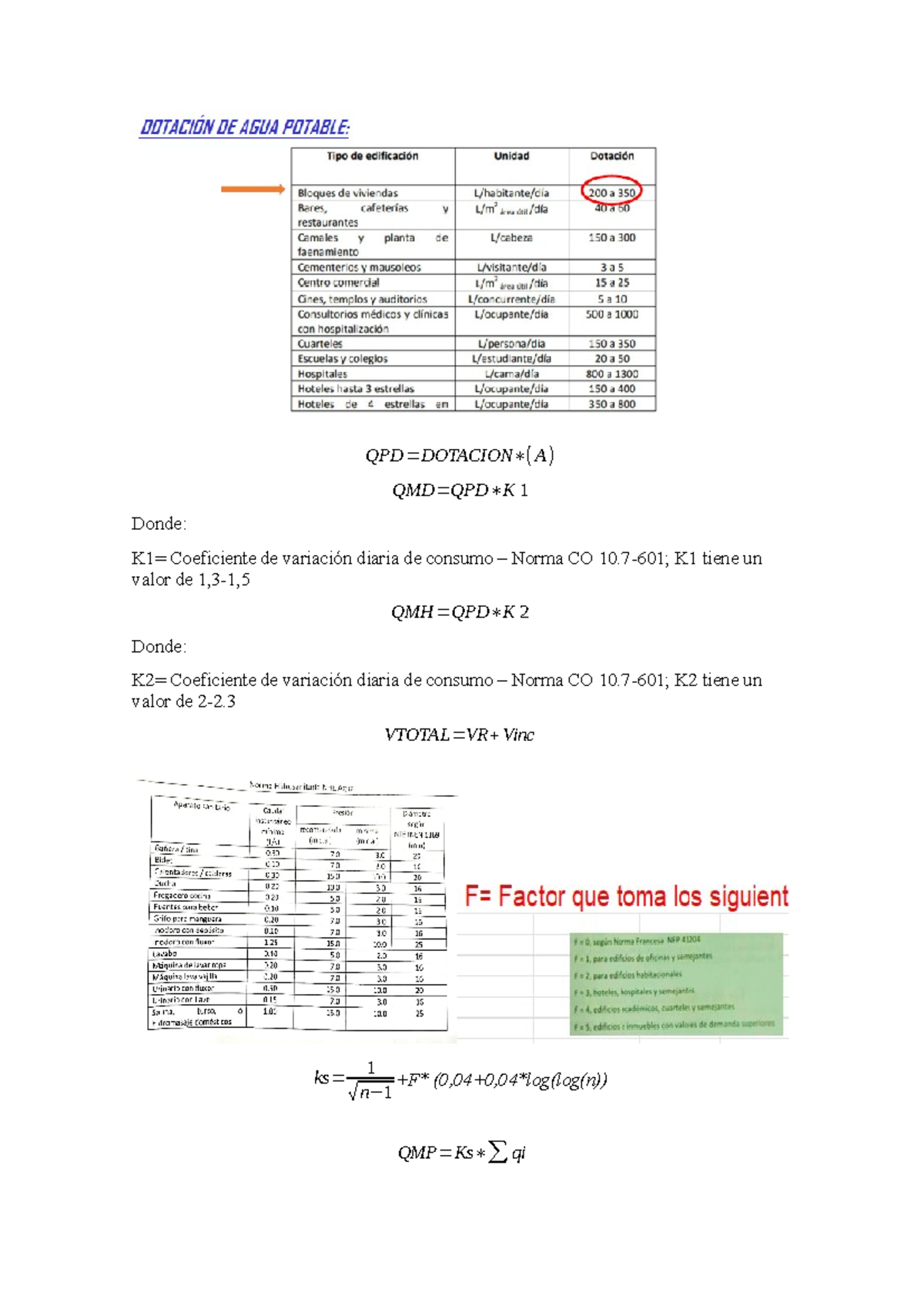 Formulario instalaciones - QPD=DOTACION∗( A) QMD=QPD∗K 1 Donde: K1 ...