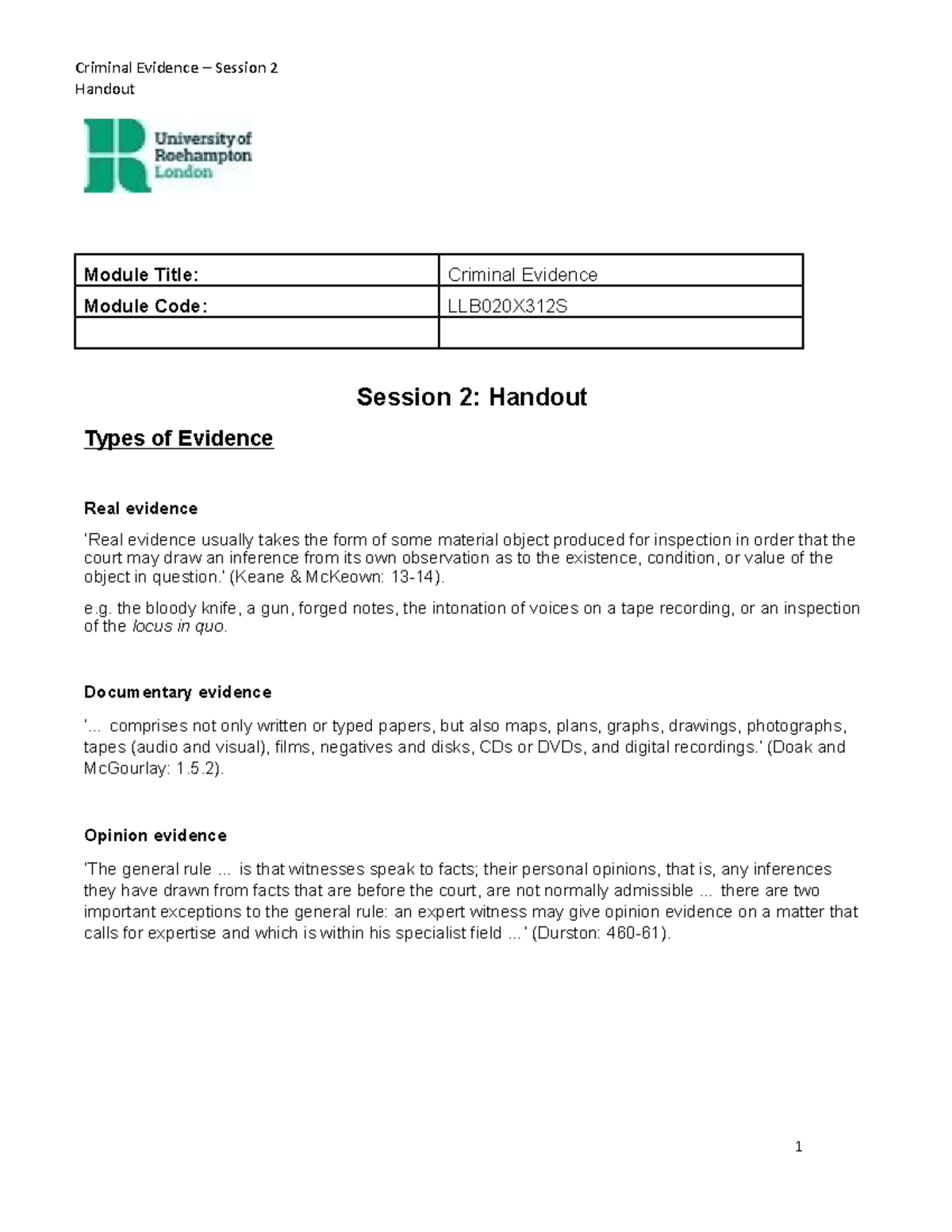 Criminal Evidence Handout types of evidence - Handout Module Title ...