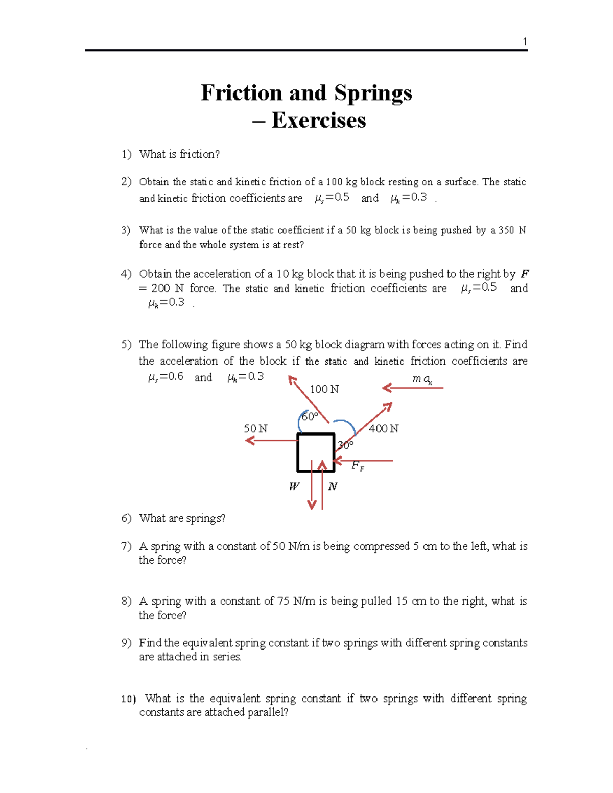 Exercises friction exercise sheets with practice problems 1