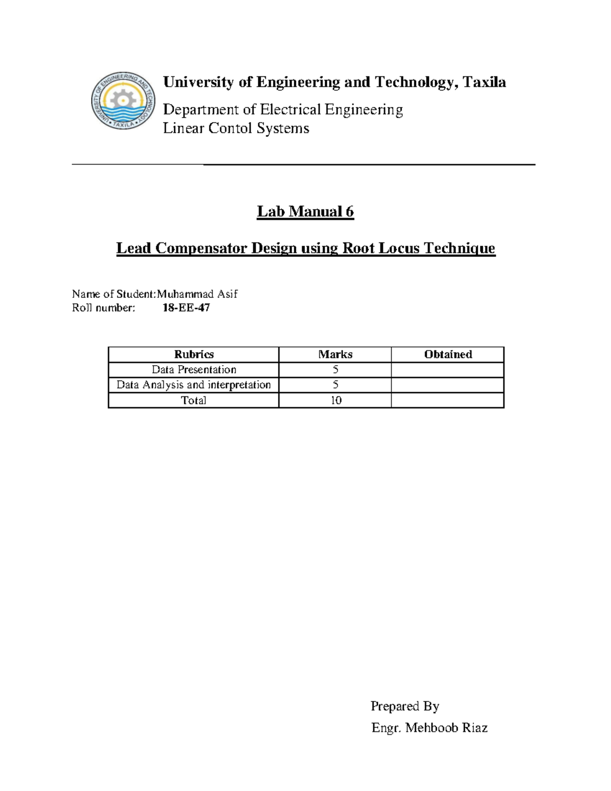 Linear circuit analysis Lab manual for engineering University of