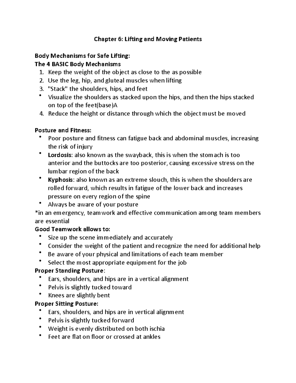 EMT Week 2 Notes - Chapter 6: Lifting and Moving Patients Body ...