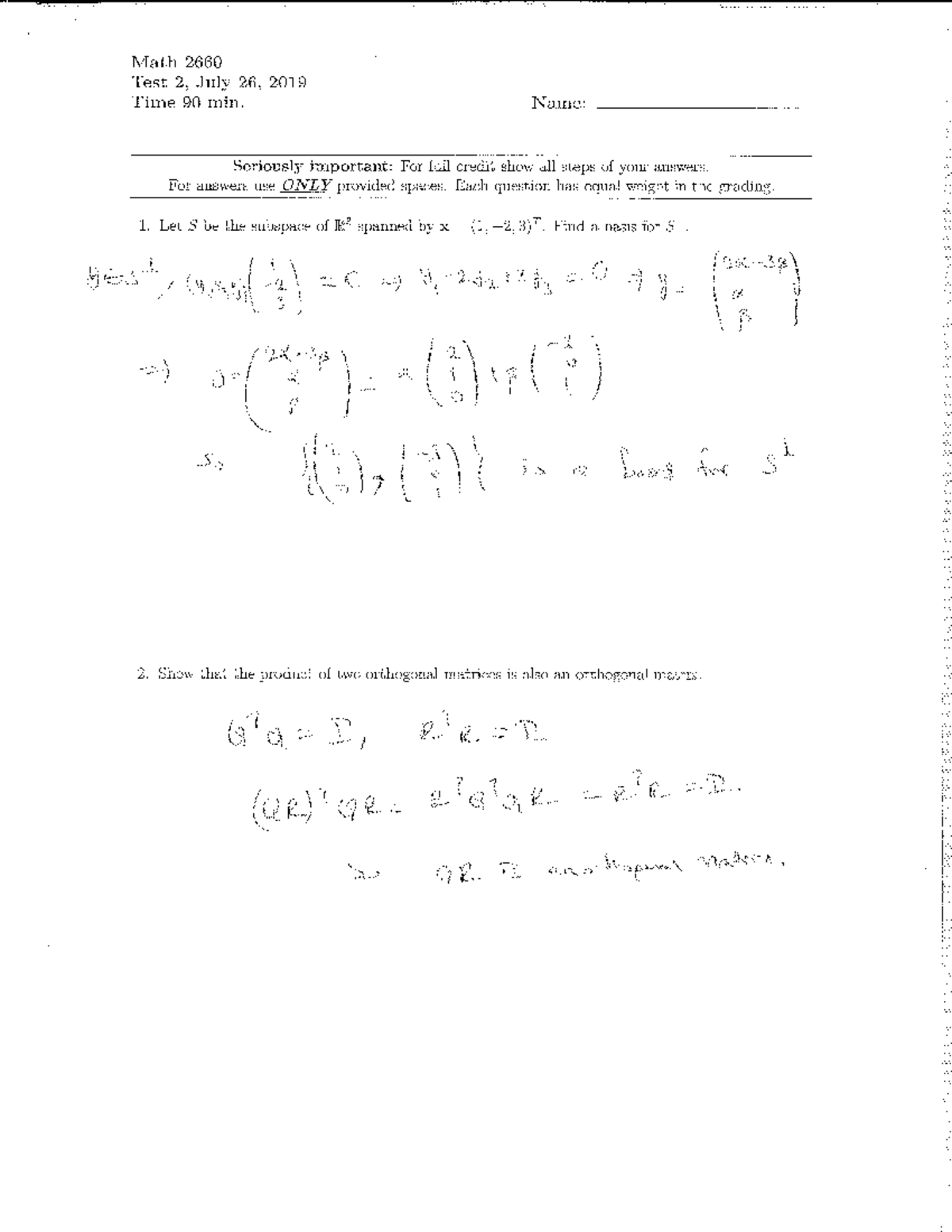 Test2 Solutions Summer 19 - Math 2660 Test 2, July 26, 2019 Time 90 min ...