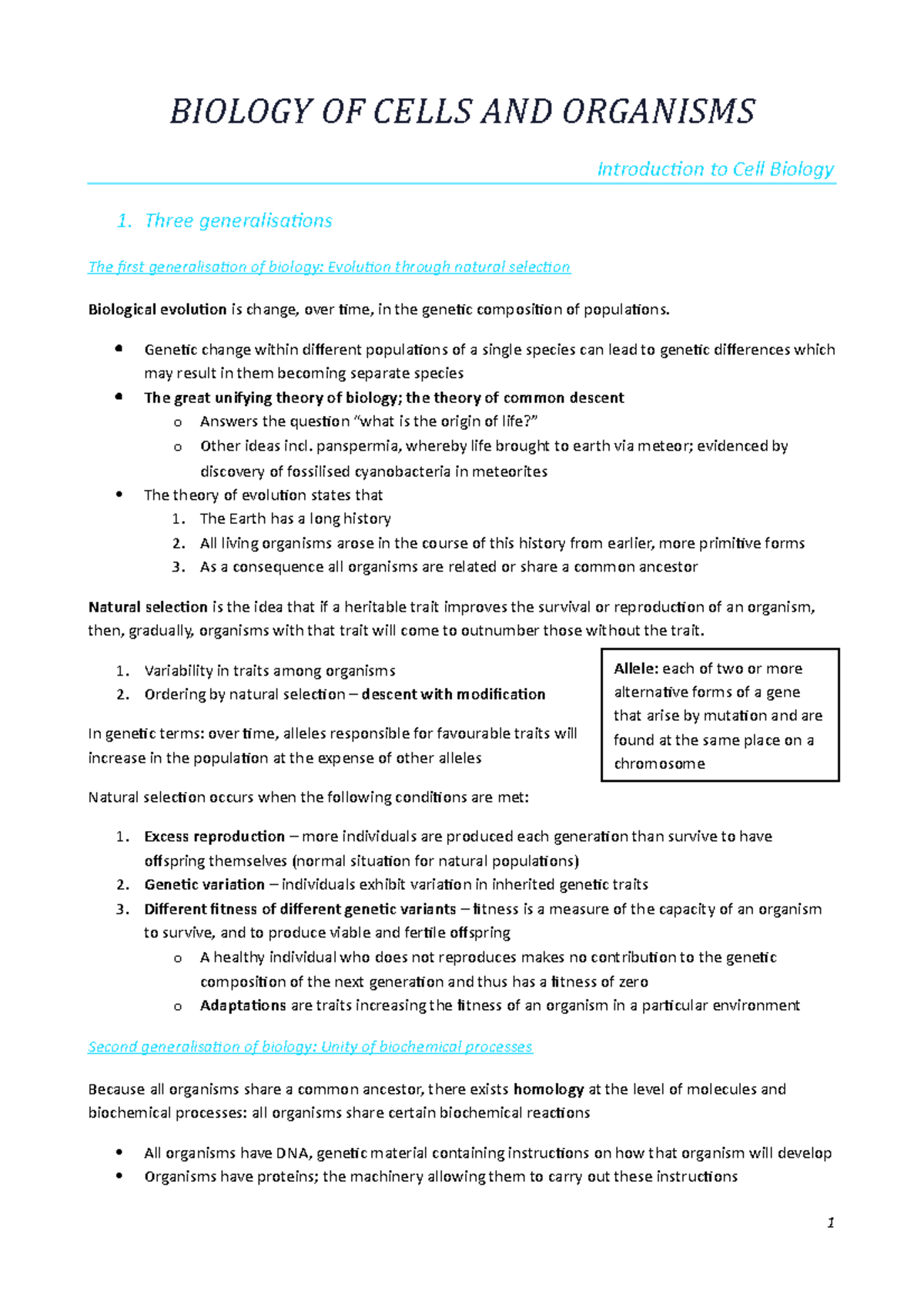 Summary notes for first topic - cell biology - Allele: each of two or ...