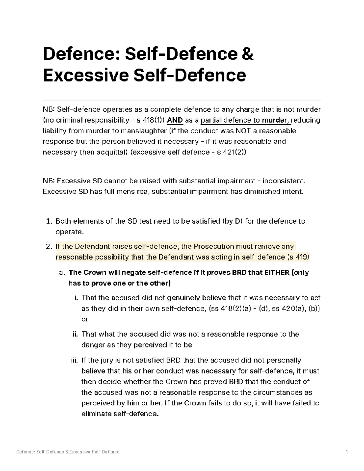 Problem Question Framework - Criminal Law - Self Defence - Defence ...
