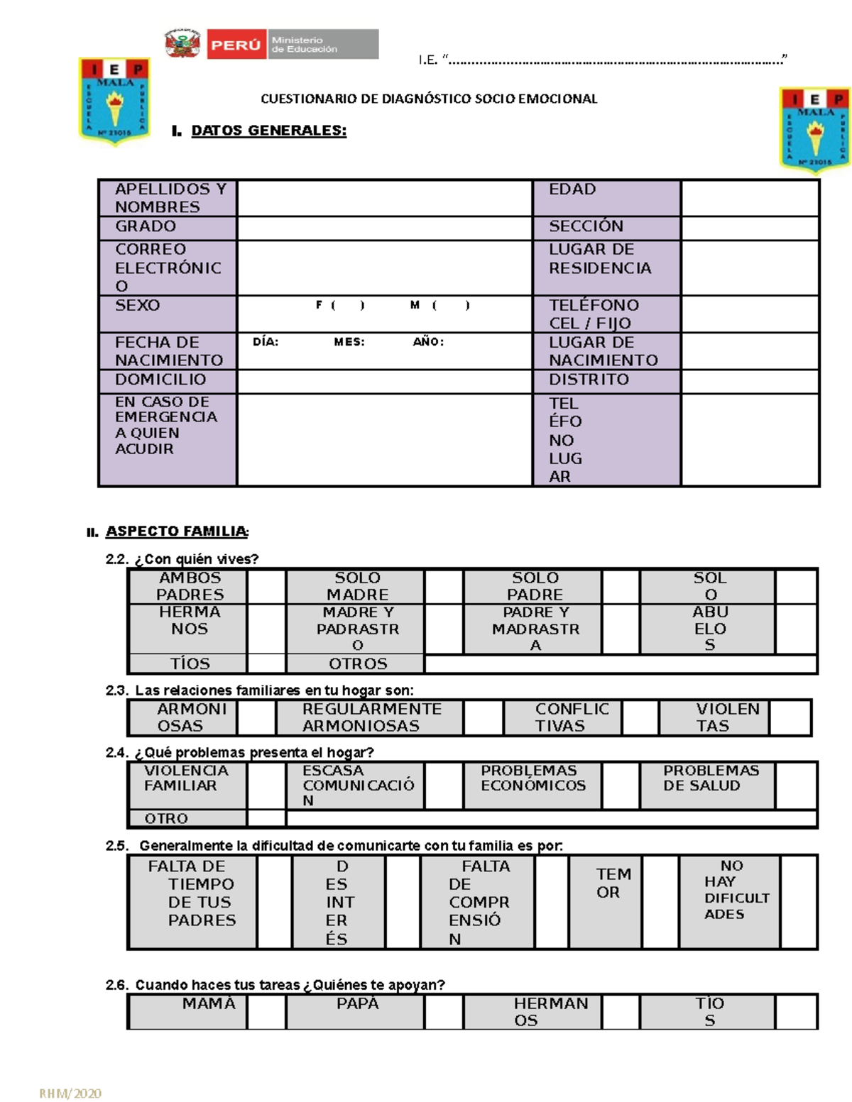 Ficha Socio Emocional-2021 - CUESTIONARIO DE DIAGNÓSTICO SOCIO ...