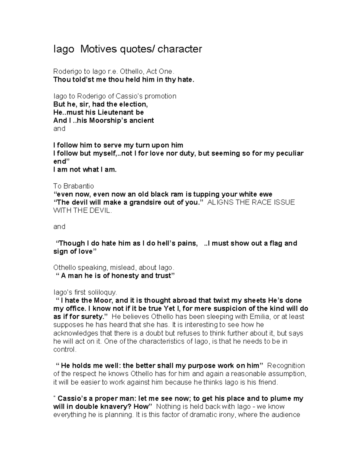 Iago motives quotes - notes - Iago Motives quotes/ character Roderigo ...