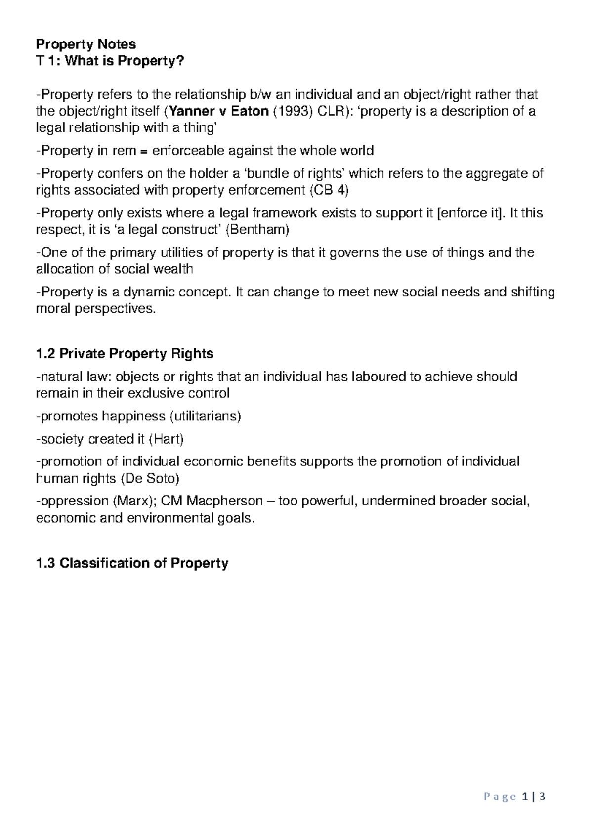 1 Notes Summary of first topics - Property Notes T 1: What is Property ...