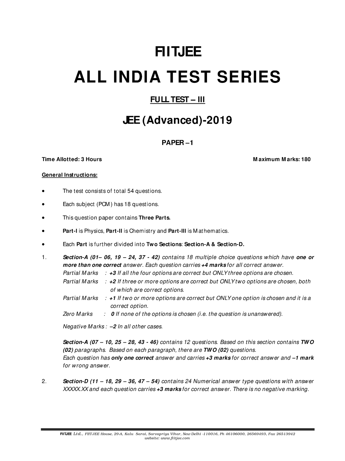 Assessment # 46 (Question Paper) - FIITJEE Lt D., FIIT JEE House, 29-A ...