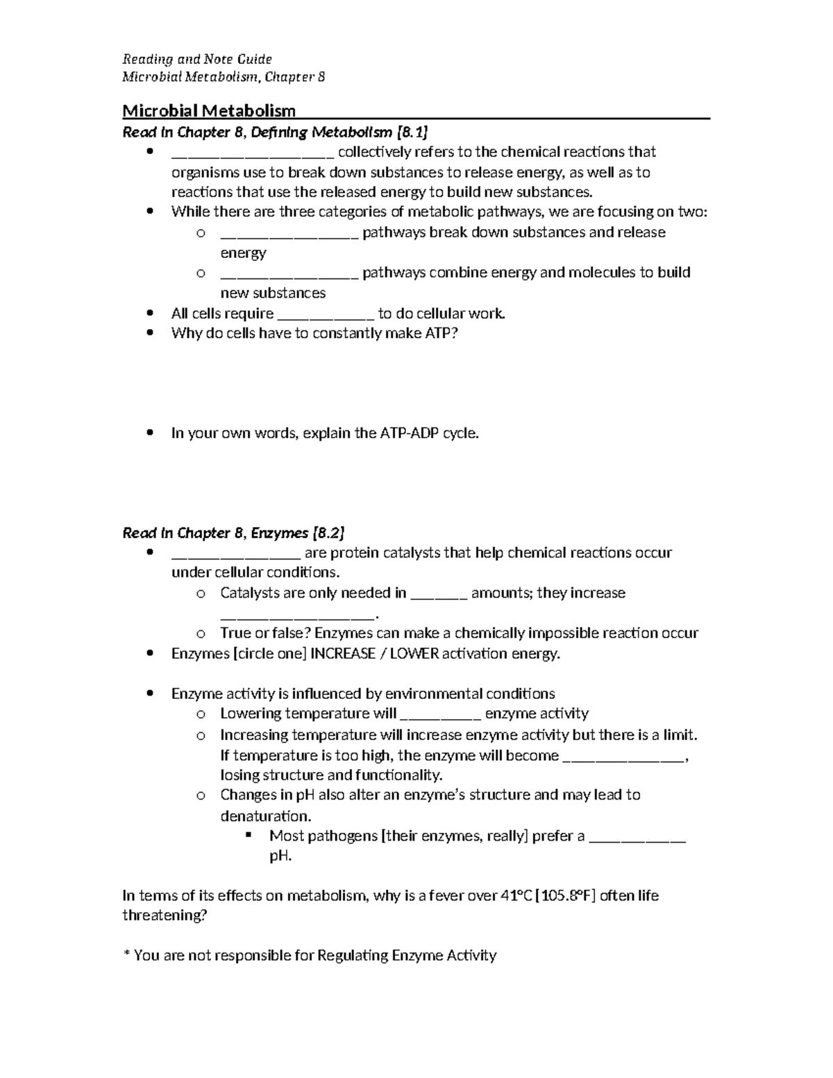 Chapter 8 Guide Fall22 - Reading and Note Guide Microbial Metabolism ...