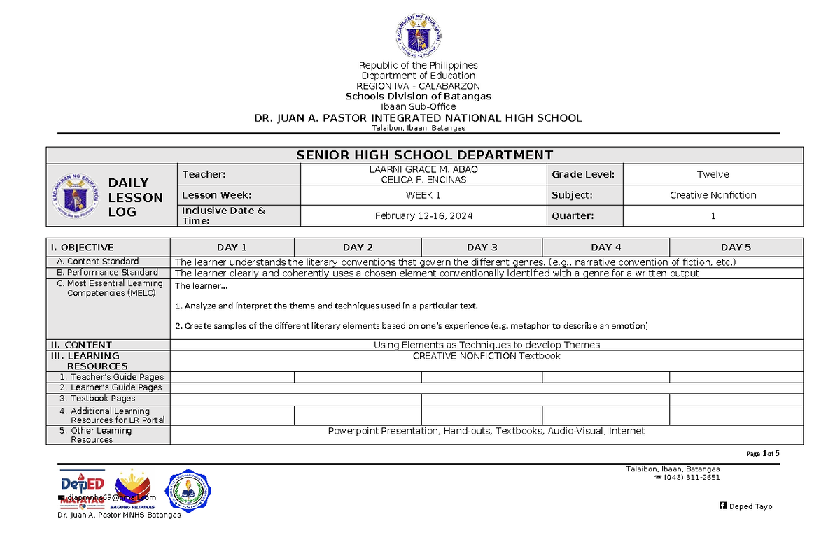 Oneshs DLL Creative Nonfiction WEEK 1 - Department of Education REGION ...