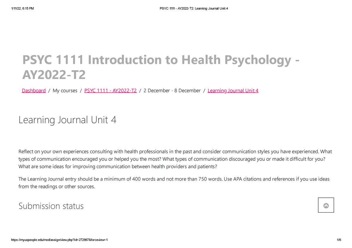 PSYC 1111 - AY2022-T2 Learning Journal Unit 4 - PSYC 1111 Introduction ...