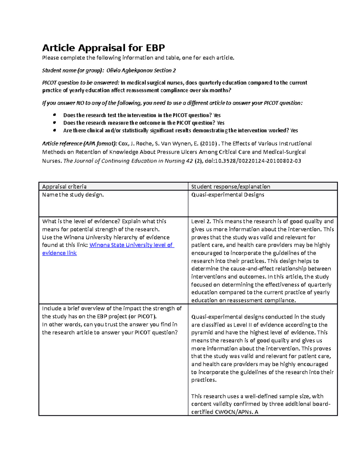 EBP appraisal for BSN NS 483 - Article Appraisal for EBP Please ...