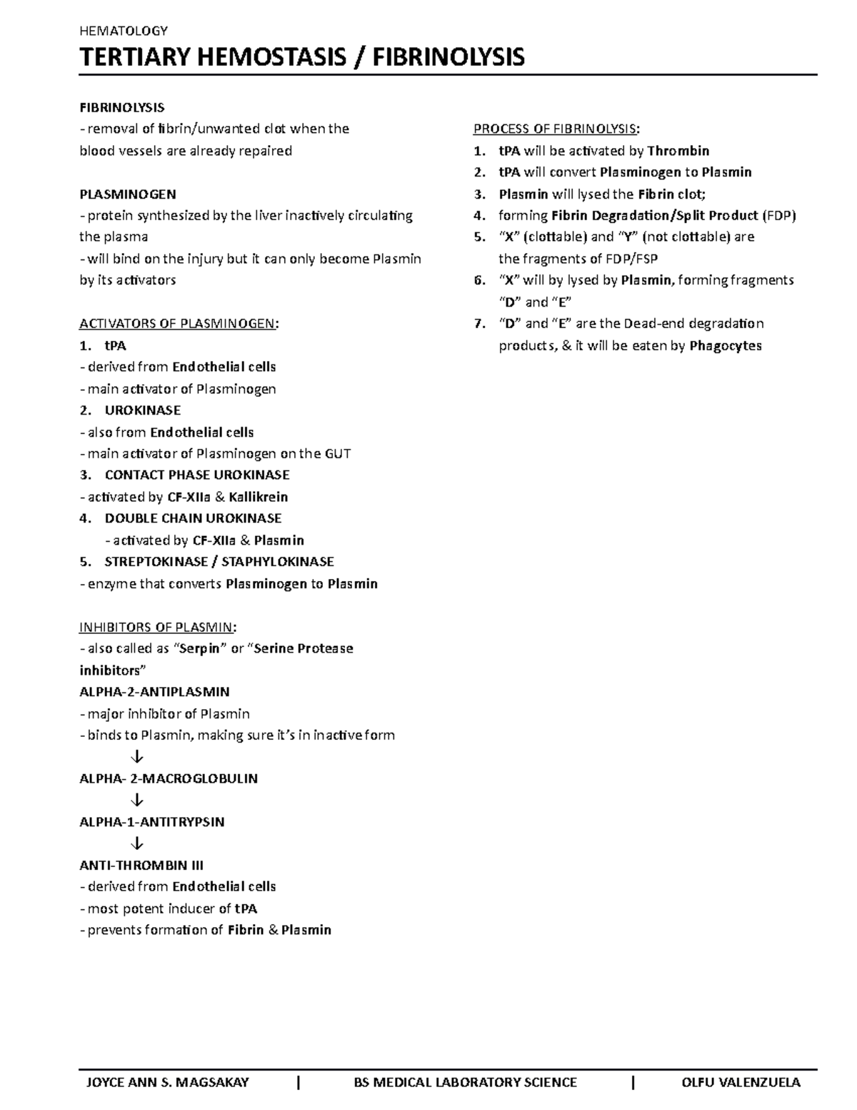 8.2.3. Fibrinolysis - Notes taken from the lecture of Sir Antonio ...