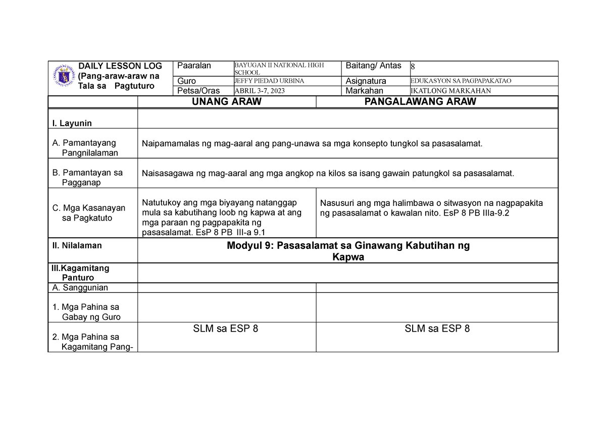 ESP8-DLL - Edukasyon Sa Pagpapakatao Daily Lesson Log - DAILY LESSON ...