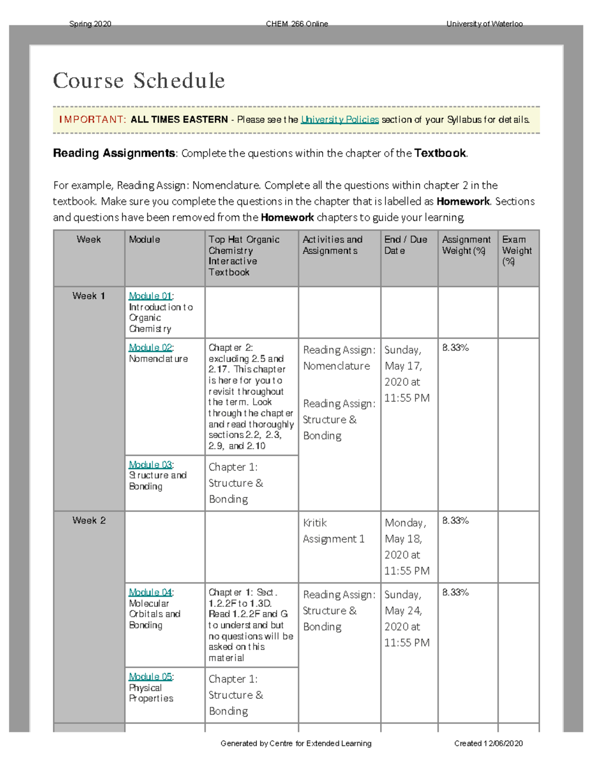 Chem 266 Course Schedule - Course Schedule Important: All Times Eastern 