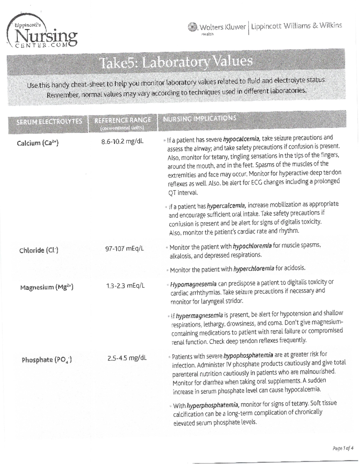 Lab values - Lecture notes labs - Nurs 132 - Studocu