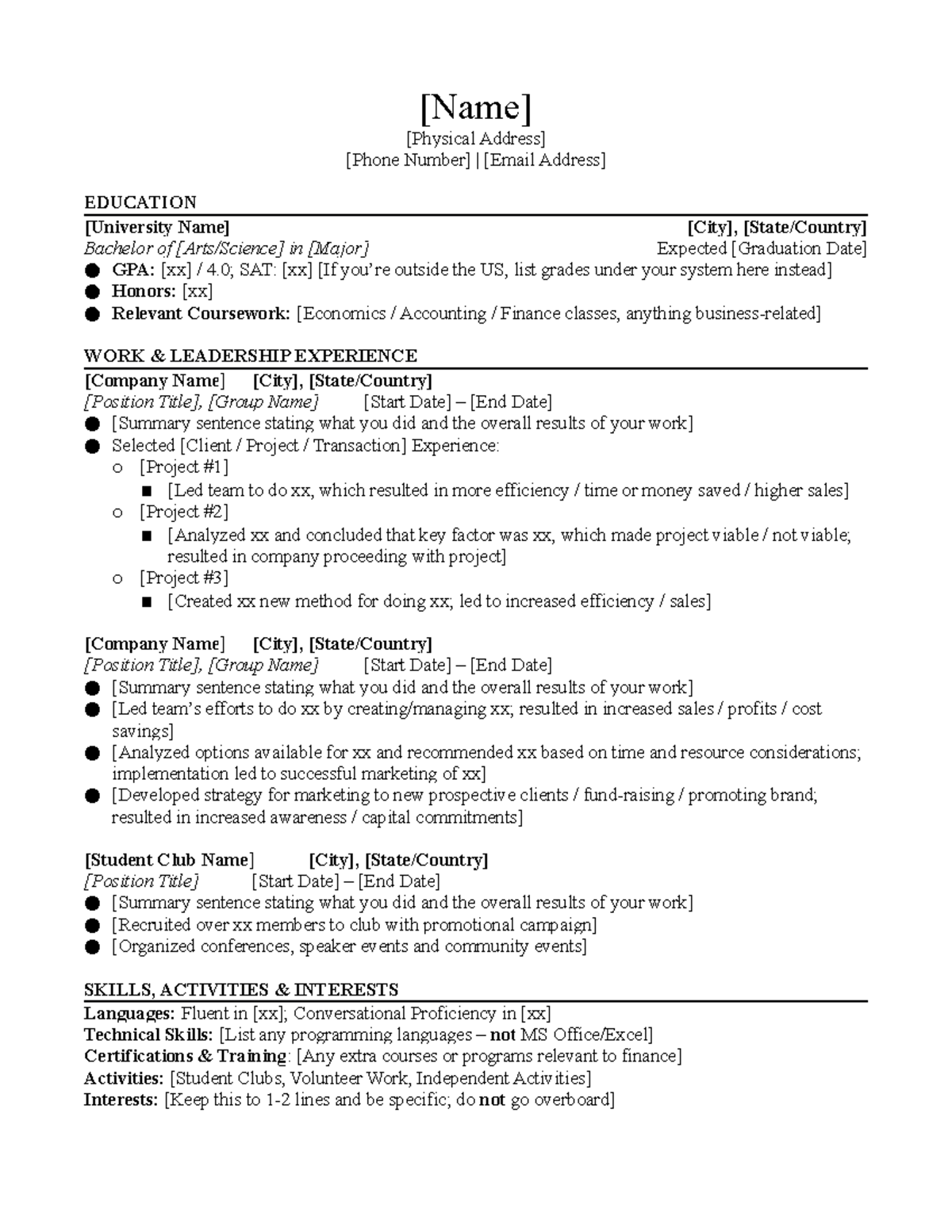 MAKE A COPY OF THE DOC - Goldmand Sachs CV Template - [Name] [Physical ...