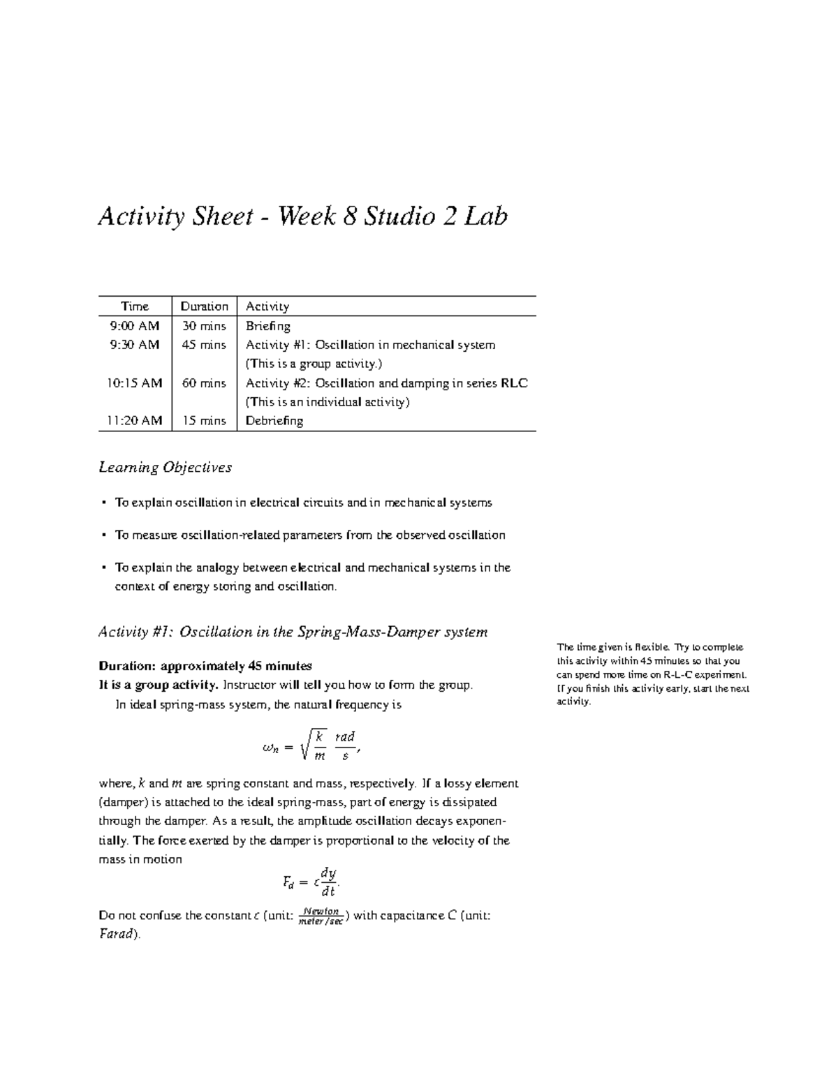 EE1111 A WK8S2 Lab Oscillation RLC Activitysheet Activity Sheet