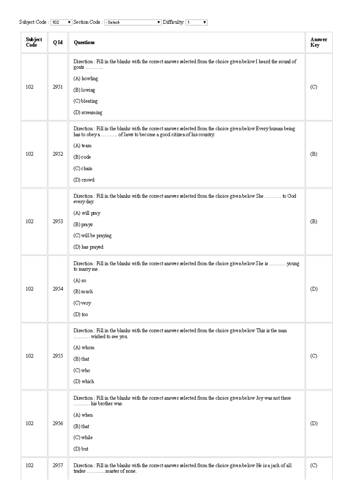102 LET Subject Code 102 Section Code Select Difficulty 1