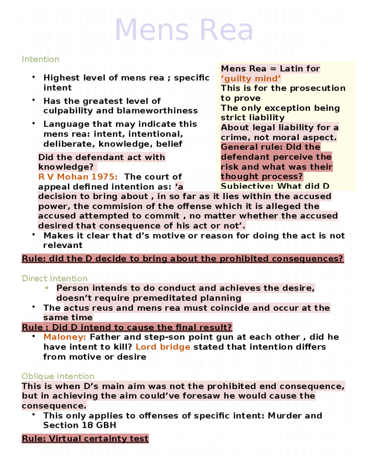 Mens Rea. b - revision notes - Mens Rea Intention Highest level of mens ...