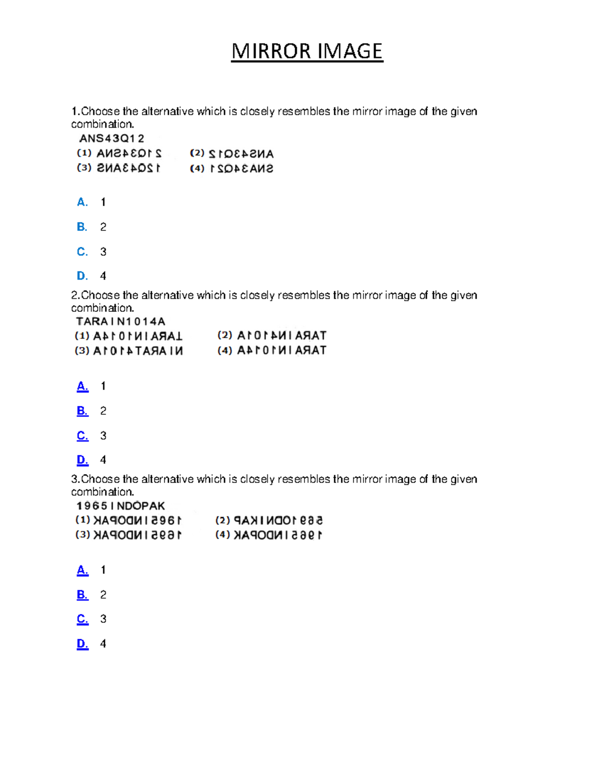 Mirror image question 123 1 the alternative which is closely