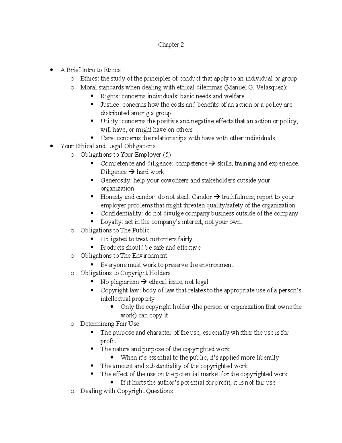 Chapter 2 - notes - Chapter 2 A Brief Intro to Ethics o Ethics: the ...