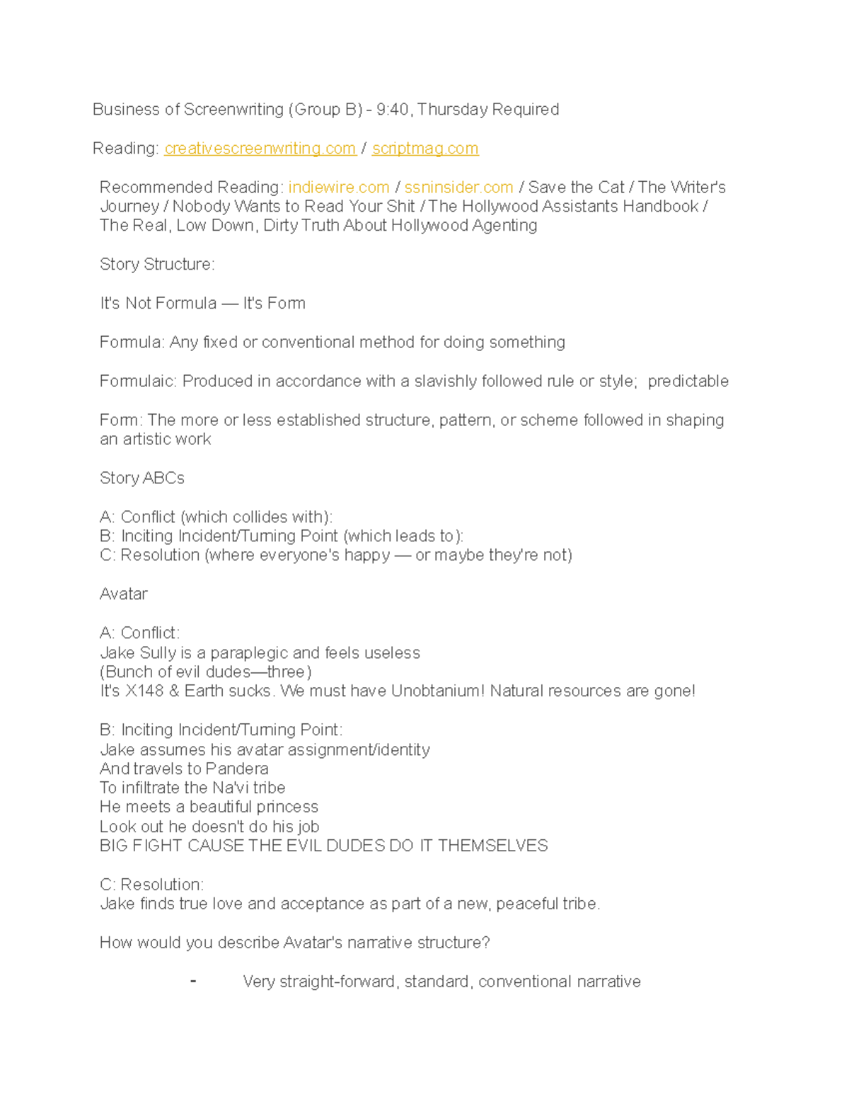 Business of Screenwriting Notes Business of Screenwriting (Group B