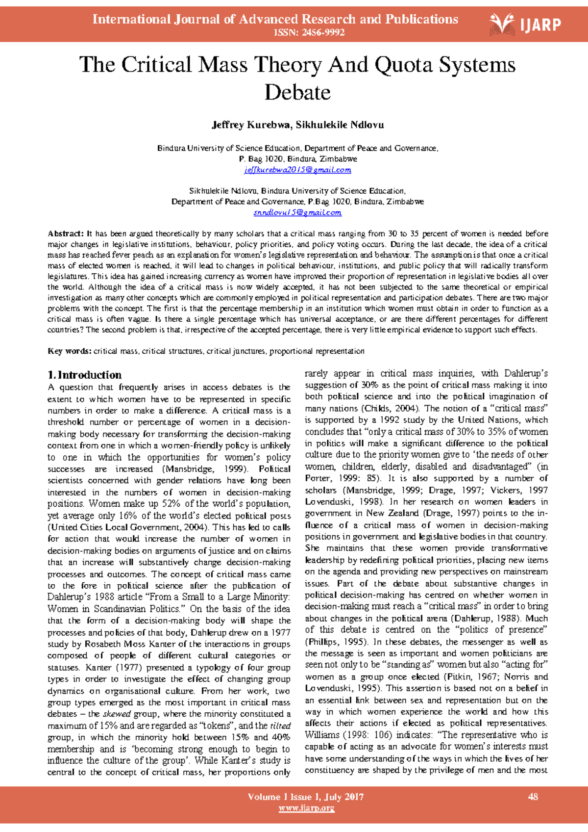The Critical Mass Theory And Quota Systems Debate - ISSN: 2456- 9992 ...