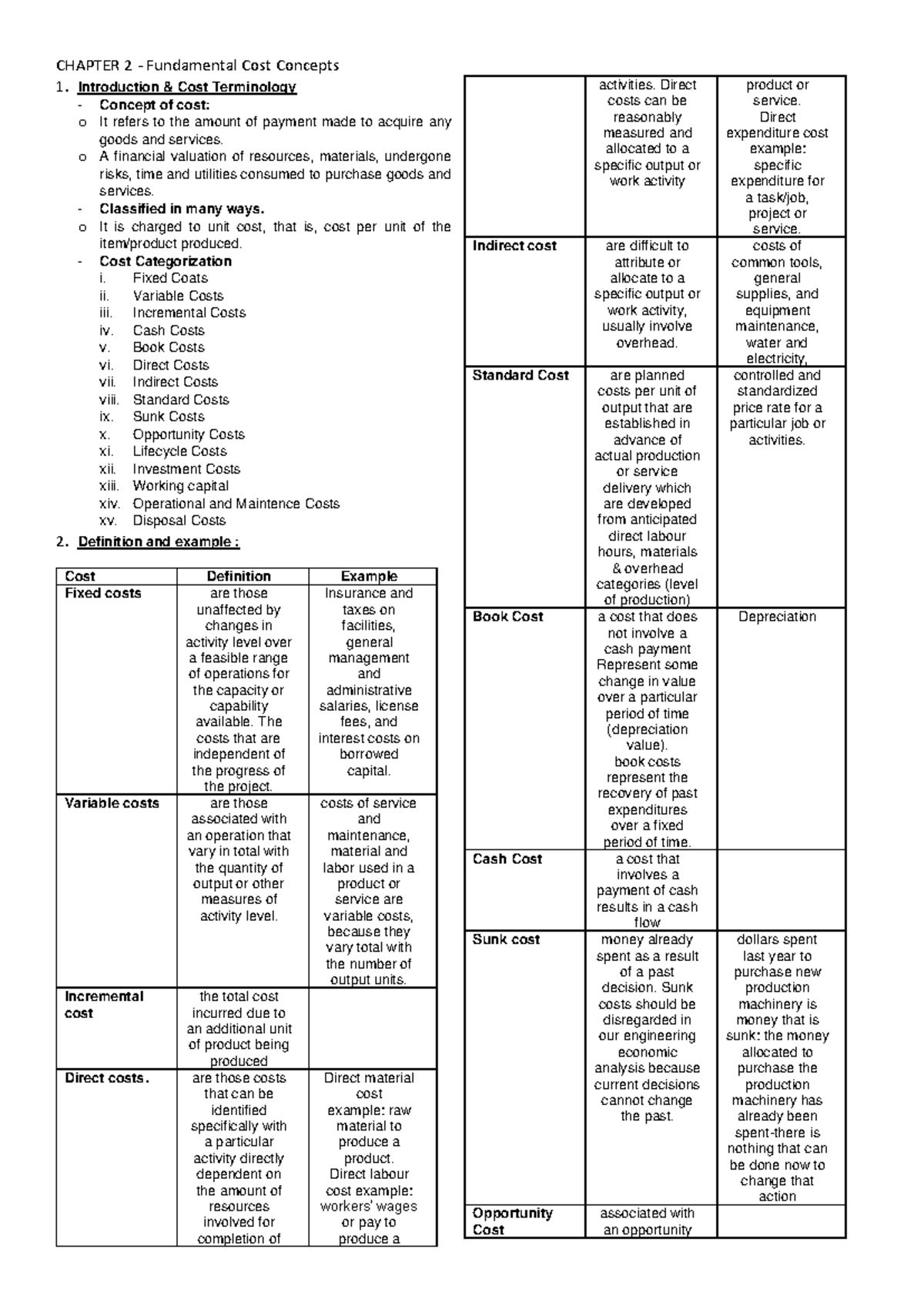 NOTE EXAM ECO Chapter 2 - CHAPTER 2 - Fundamental Cost Concepts 1 ...