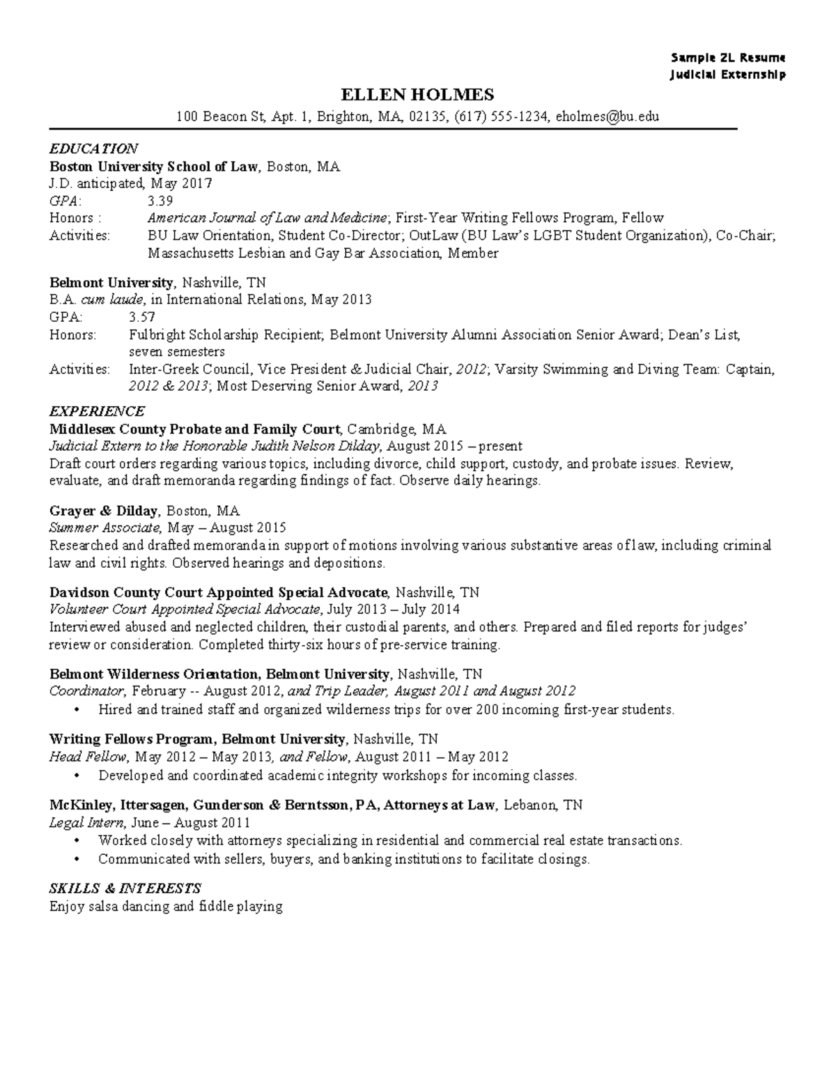 Sample-2L-Resumes - Sample - Judicial Externship ELLEN HOLMES 100 ...