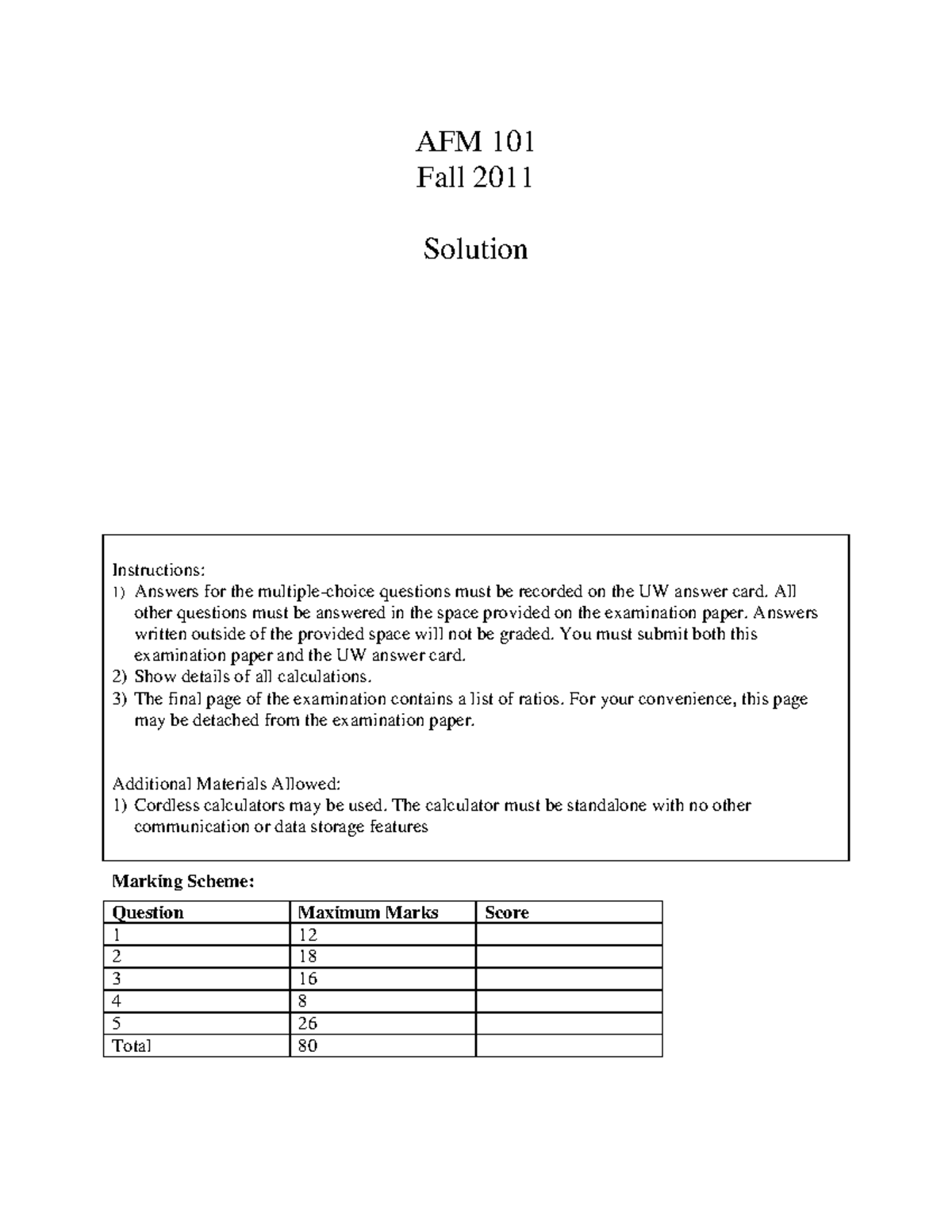Exam 2011, questions and answers - midterm - AFM 101 Fall 2011 Solution ...